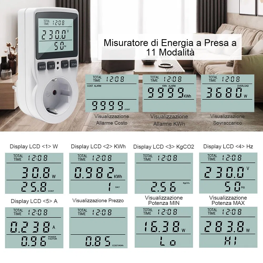 KETOTEK Misuratore Consumo Elettrico, Contatore Energia Elettrica 11 Modalità di Monitoraggio 3680W, Misuratore di Potenza Spina, Wattmetro 16A con Protezione da Sovraccarico