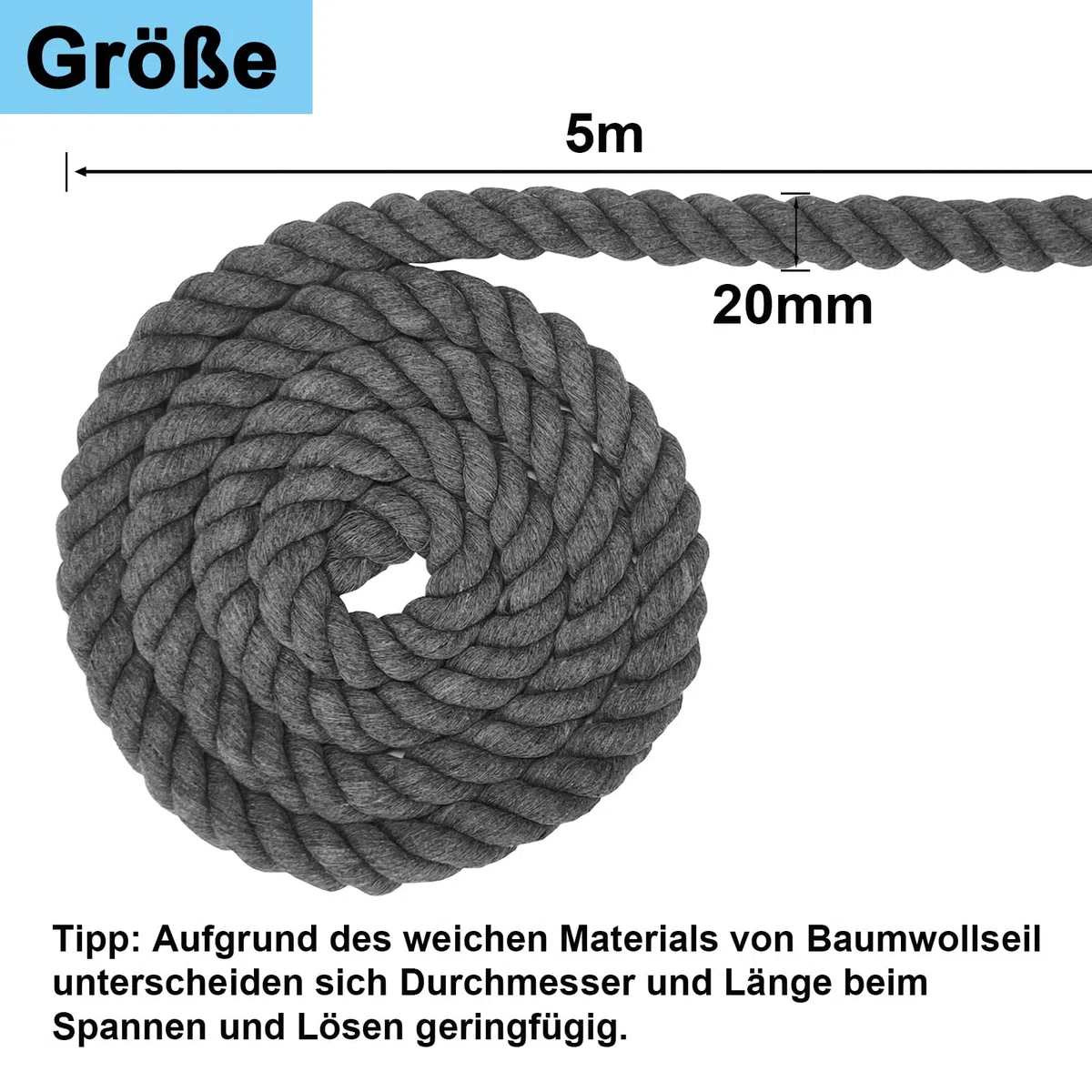 Cordoncino di cotone, grigio, corda di cotone macramè, molte misure, per lavori fai da te, regali (grigio, 20 mm (5 m)