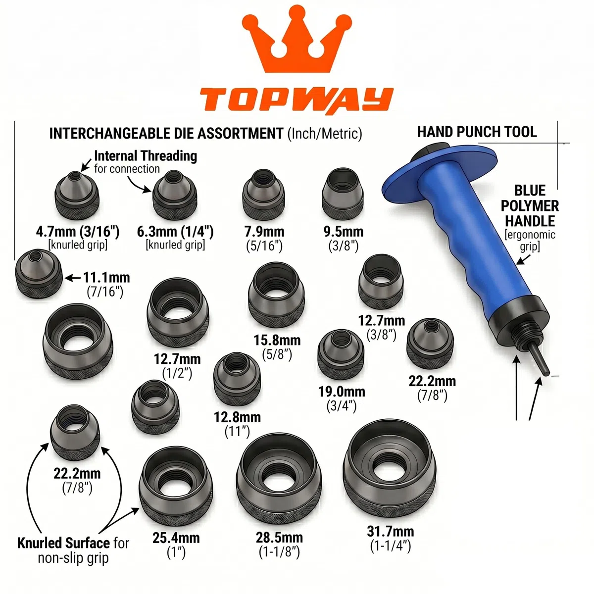 TOPWAY Set di Fustelle Punzonatrice Set 14 Pezzi, 5-35mm Perforatore Professionale Pelle con Impugnatura per la Lavorazione Della Pelle Guarnizioni in Gomma Cintura Cinturino Orologio in Valigetta