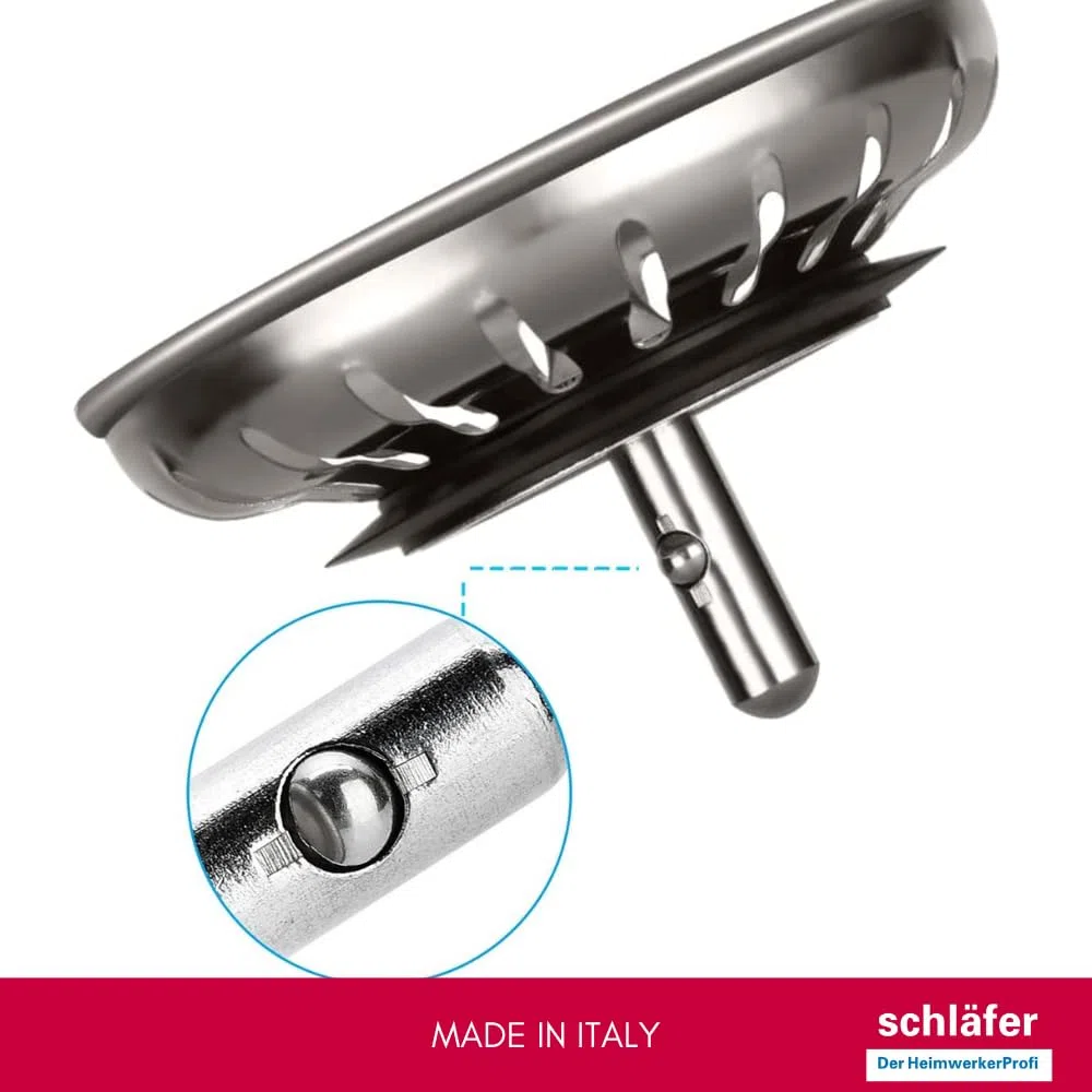 Schläfer 439726 | Piletta di Scarico per Lavello Tipo Basket Senza Troppo Pieno, Foro Ø 90mm, Pilettone Ø 114mm, Piletta Standard da 1"1/2 in Acciaio Inox con Vite e Cestello