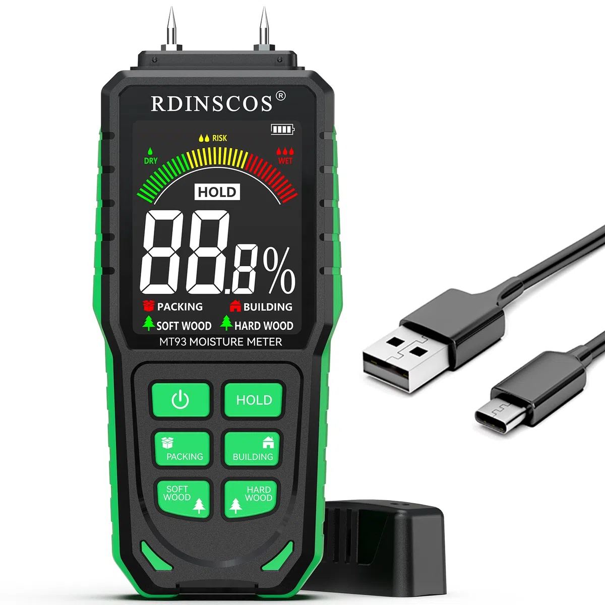 Misuratore di Umidità per Legno,RDINSCOS Rilevatori di Umidità con LCD a Colori e Allarme Acustico Igrometro Professionale Tester di Umidità per Legno,Legna da Ardere