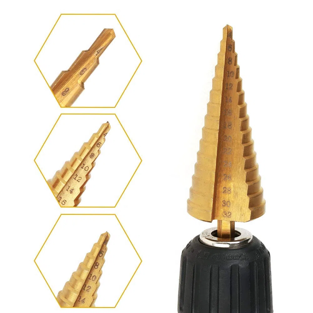 3 Pezzi Punte Coniche, Punte per Trapano a Gradini in Metallo HSS, Fresa Conica Trapano a Gradini per Plastica, Legno, Alluminio, Lamiera di Metallo, 4-12/4-20/4-32mm
