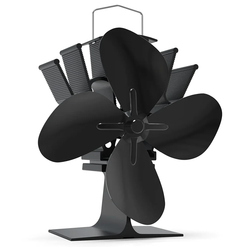 VOUNOT® Ventola Stufa Legna, Ventilatore per Camino a 4 Pale Alimentato a Caldo per Legna/Bruciatore di Tronchi/Stufa/Caminetto, Nero