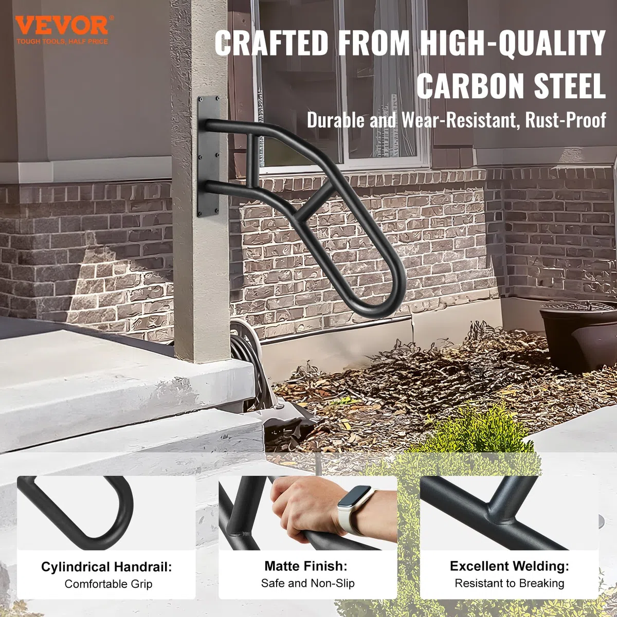 VEVOR Corrimano per Gradini Esterni Lunghe 813 mm Ringhiere di Sicurezza da Parete per 1-3 Gradini, Corrimano a Forma di U con Finitura Nera Opaca, Corrimano per Scale per Bambini, Anziani, Disabili