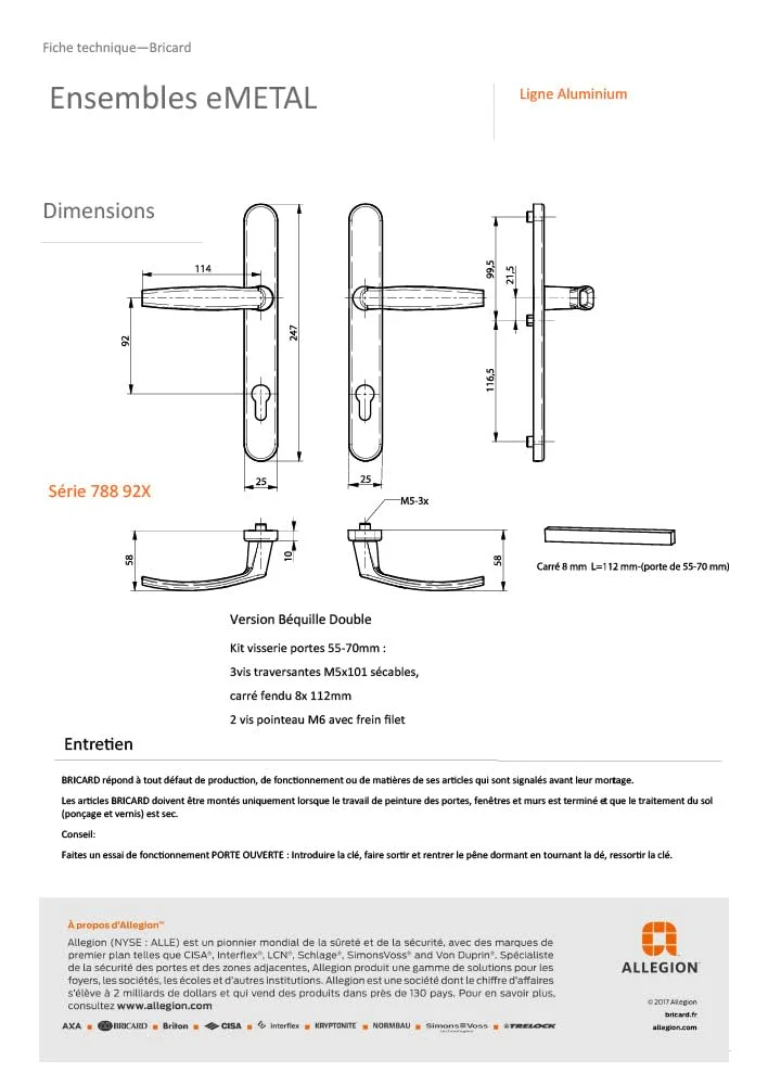 Bricard 7788923. Set di maniglie su piastra Emetal. Cuscinetto cavalletto e pinna per porta d'ingresso (per cilindro europeo). Laccato Nero.
