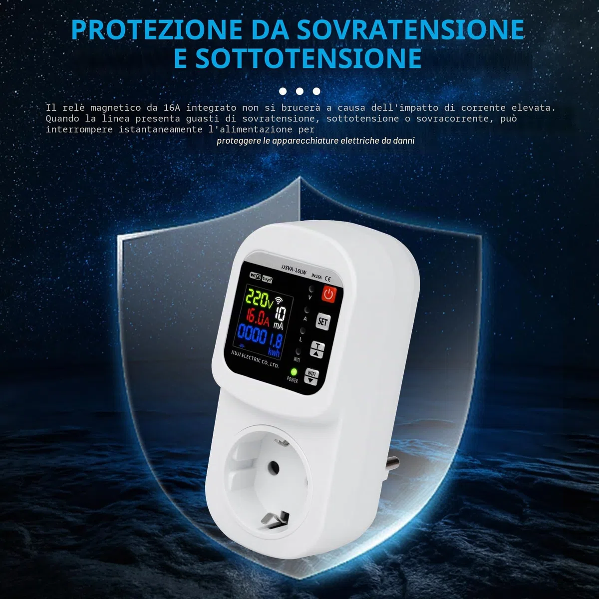 16A Wifi presa smart Misuratore consumo elettrico wifi Presa consumo energia Protezione da sovratensione e sottotensione Scaricatore di sovratensione 220V Voltage adjustable Protezione dalle perdite.