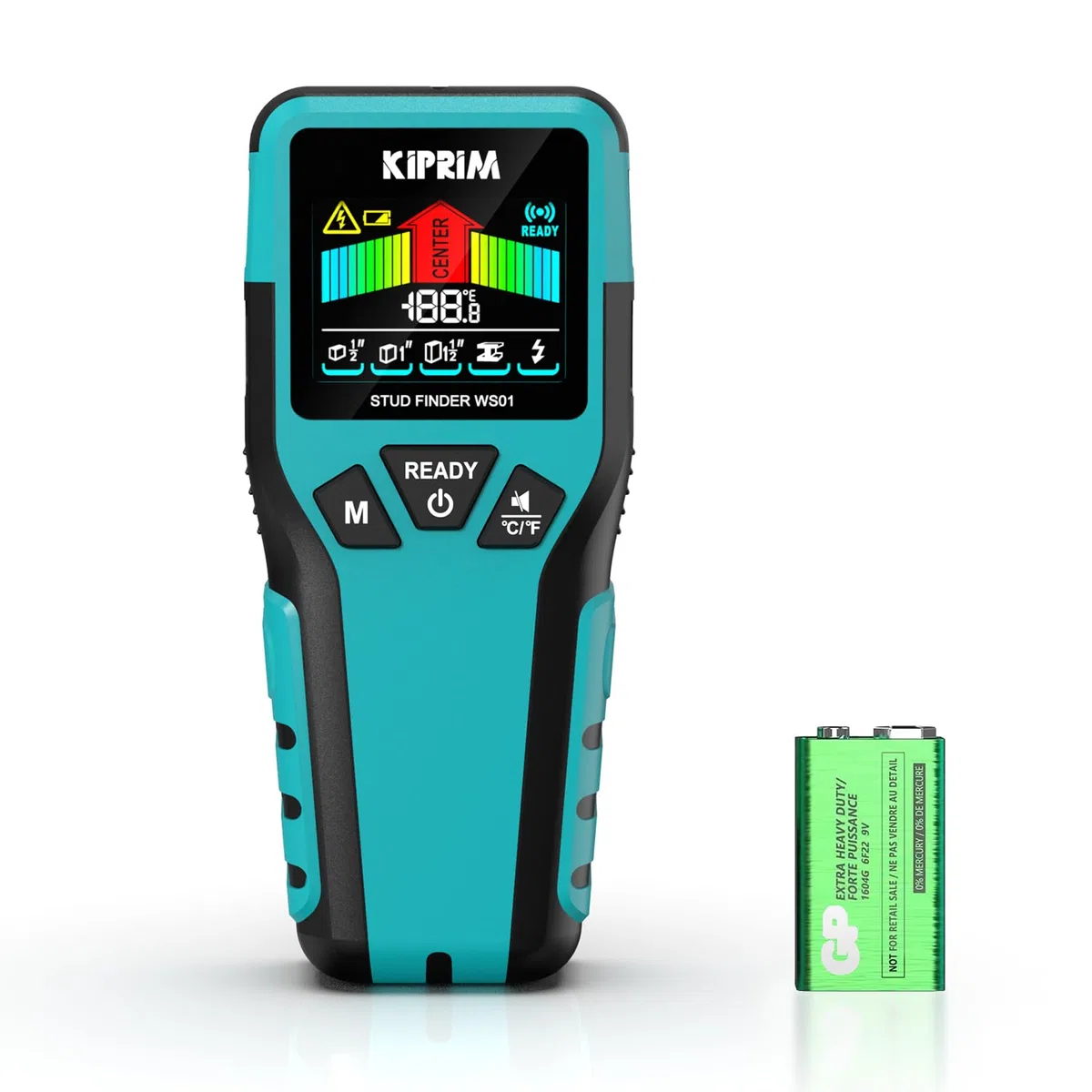 KIPRIM Stud Finder, 5 in 1 Rilevatore di Metalli e Travi, Profondità Metalli 45mm/AC Cavi 70mm, Rileva Legno (13/25/38mm), Schermo LCD, IP54 WS01