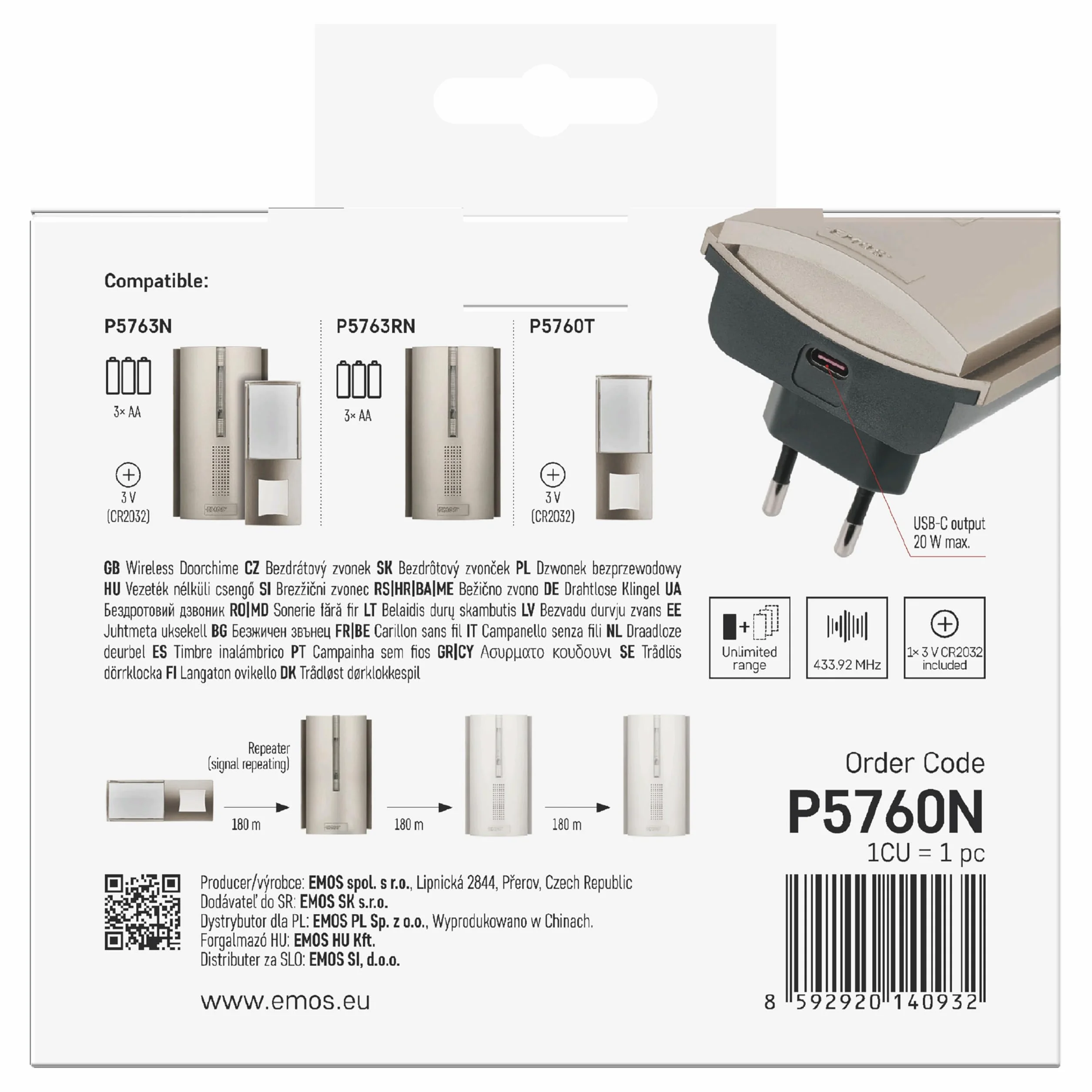 EMOS Campanello senza fili con funzione ripetitore e porta USB-C - portata illimitata - volume a 5 livelli fino a 85 dB - Indicatore LED - 16 melodie - Funzione di memoria - 230 V