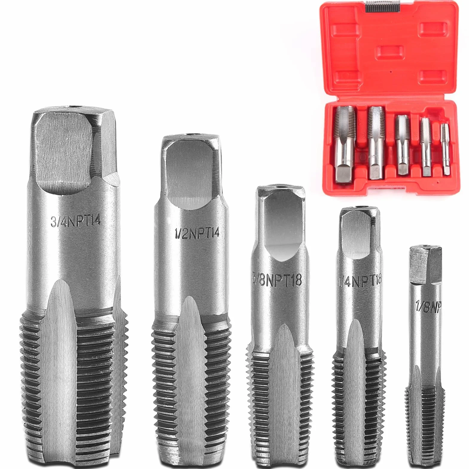 Set di 5 maschi NPT per filettatura NPT da 1/8", 1/4", 3/8", 1/2", 3/4", 3/4", 3/4", 3/4", in acciaio al carbonio, per tubi in PVC, filettatura precisa