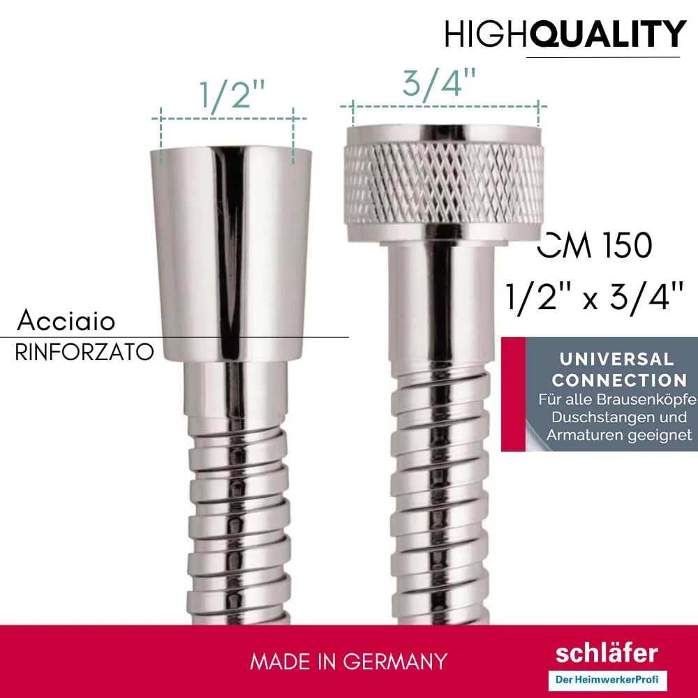 Schläfer 808492 | Tubo Doccia Flessibile 1.5 metri, Universale in Acciaio a Doppia aggraffatura, Connettori Attacco Standardad G 1/2" x 3/4" ad Alta Pressione, Resistente alte temperature, Cromo