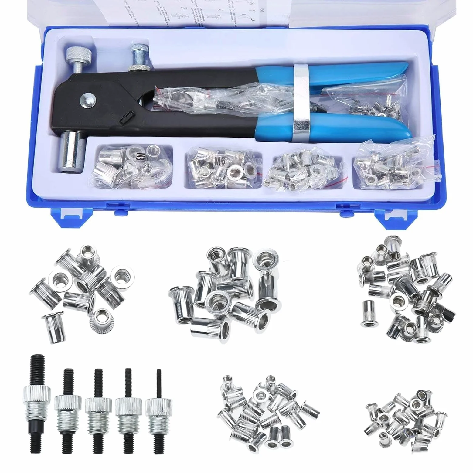 BOOMSTART Rivettatrice Inserti Filettati Kit, 86Pz M3 M4 M5 M6 M8 Rivetti Filettati con Pinza, Manuale Rivettatrice Dadi Filettati per Riparazione Auto