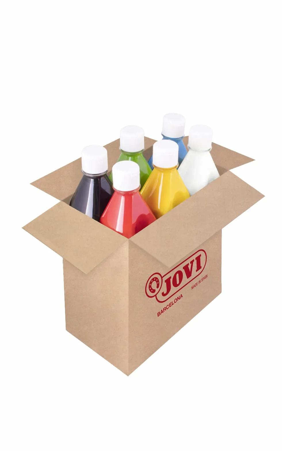 Jovi - Guazzo liquido, Astuccio 6 vasetti da 500 ml, Colori primari, Vernice a base di ingredienti naturali, Facile da lavare, Senza glutine, Ideale per la scuola