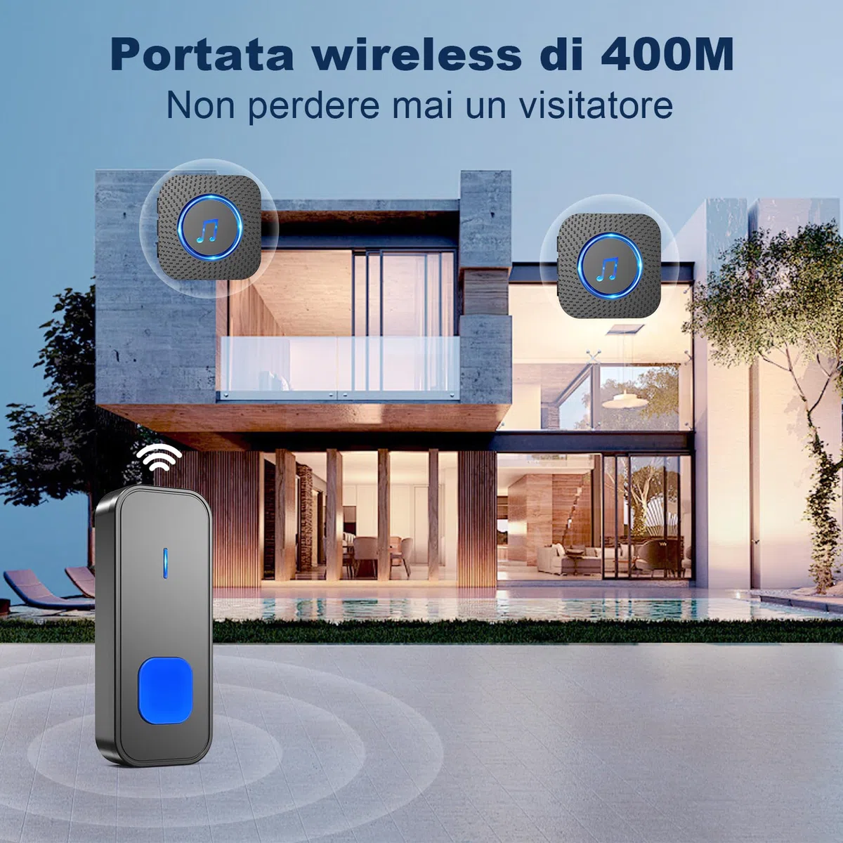 SURFOU Campanello Senza Fili da Esterno Interno, Campanello Casa Wireless Pulsante a Lunga Distanza di 400m, 55 Suonerie, 5 Volumi Selezionabili (2 nero ricevitore + 1 nero trasmettitore)