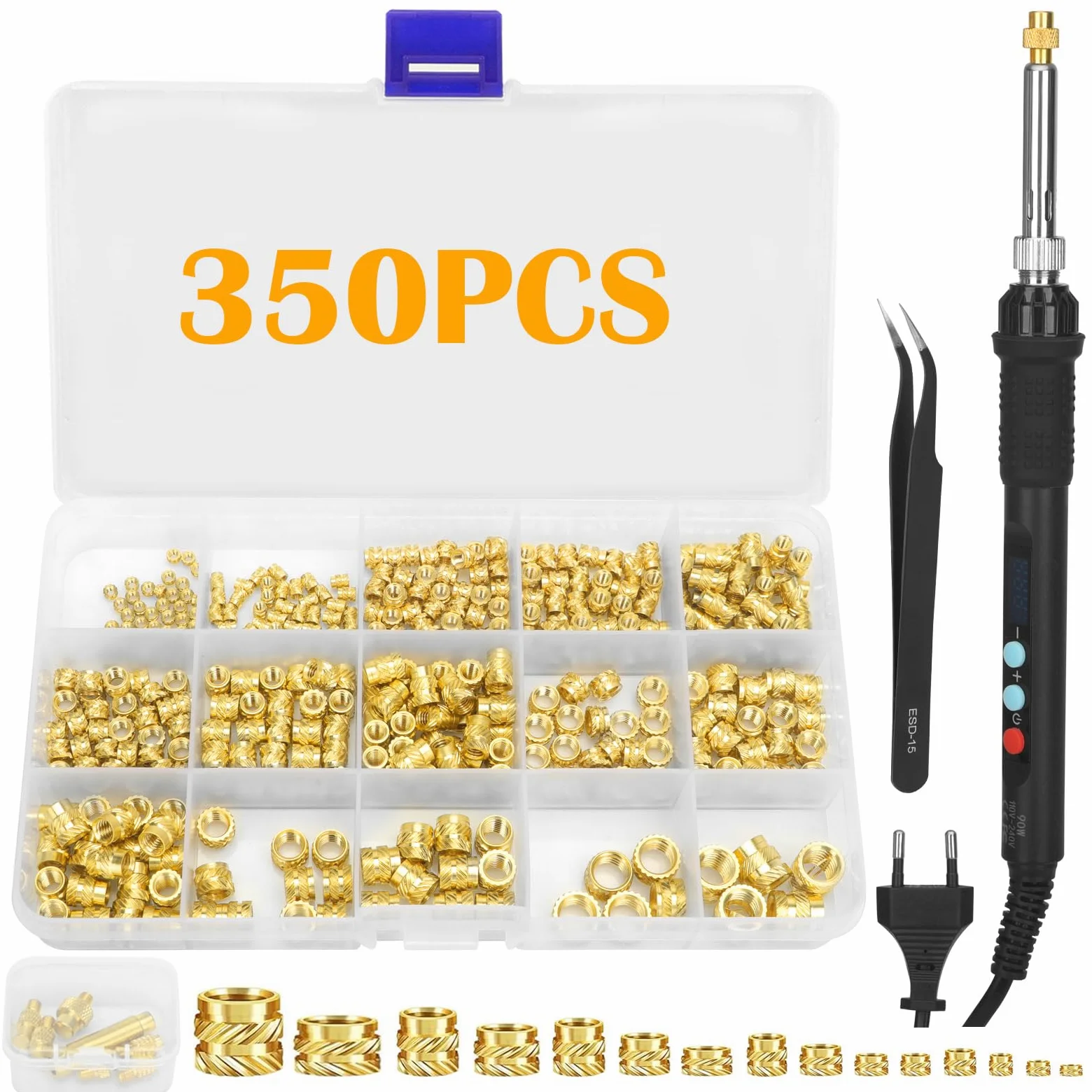 357 Pezzi Inserti Filettati Stampa 3D, 900W Temperatura Regolabile Saldatore a Stagno Digitale, 350 Pezzi Inserto Filettato M2/M3/M4/M5/M6/M8 con 6 Punte Saldatura per Plastica