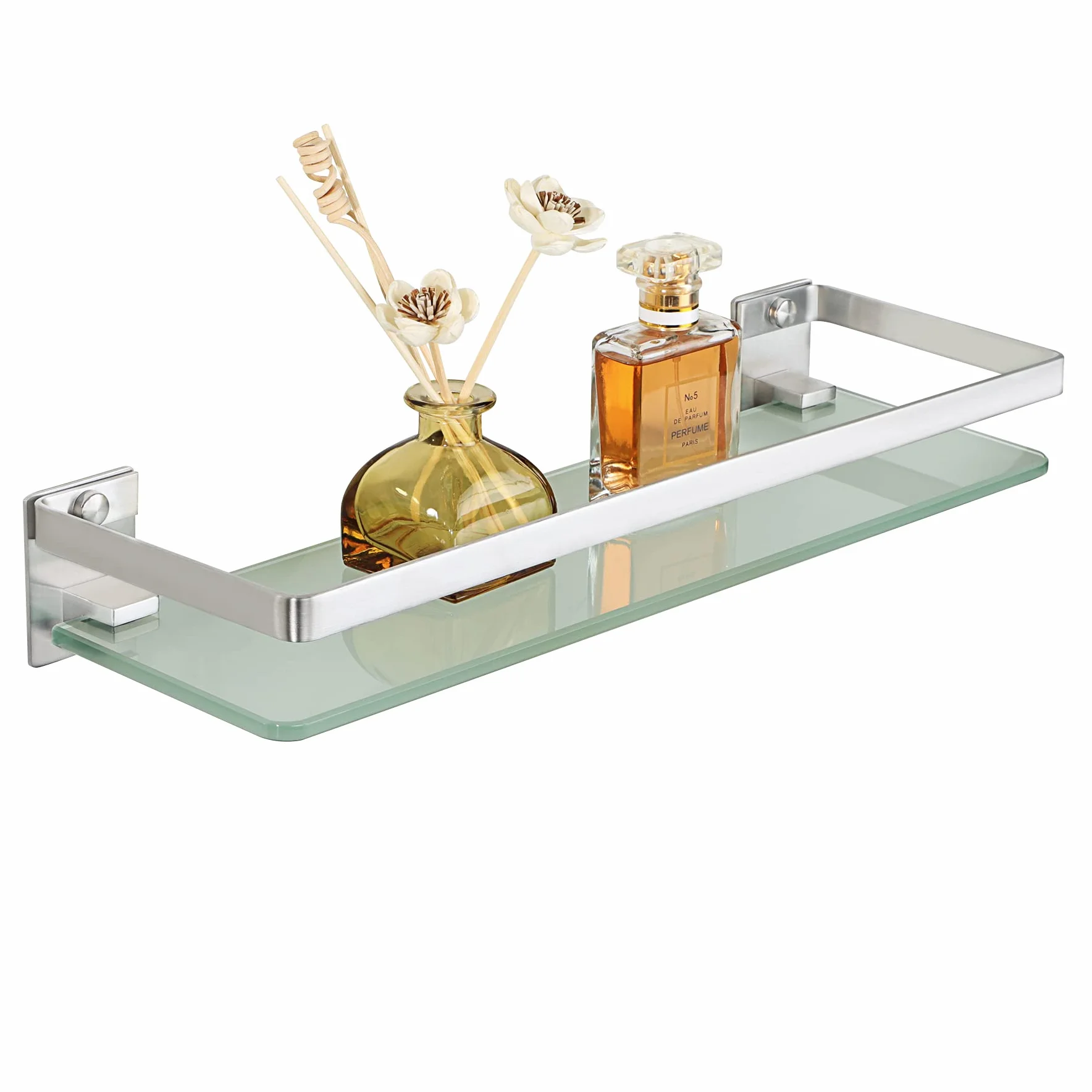 SAYAYO Mensola Doccia Vetro Mensole Bagno Vetro da Parete, in Acciaio Inox 304, Vetro Temperato Spesso con Supporto Argento 38CM, per Cucina Bagno, EGDL1001-LS