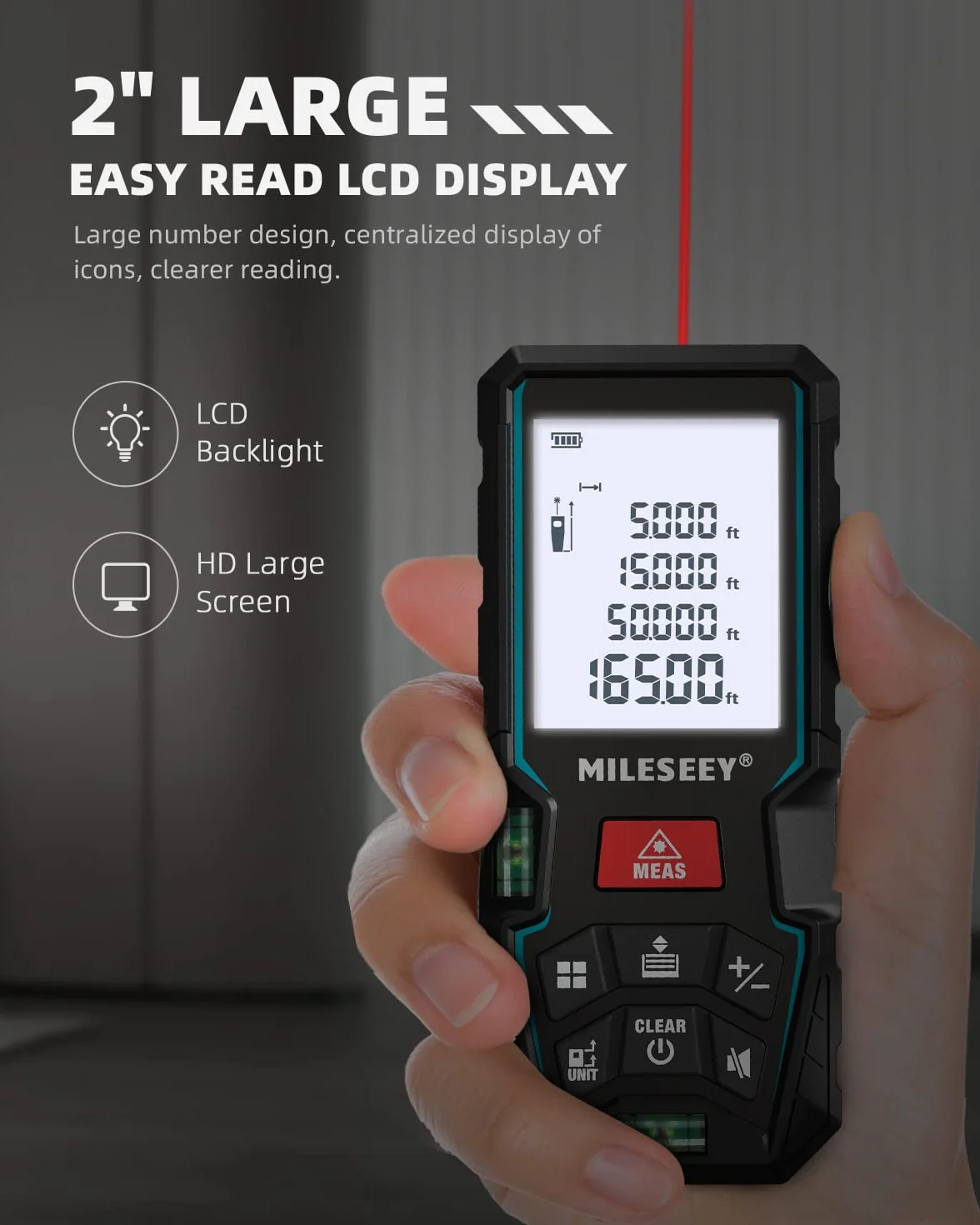 MiLESEEY D5T 50M Misuratore Laser con 2 Livelli Di Bolla, Precisione 2mm, LCD Retroilluminato e Modalità Pitagorica, Misura Distanza, Area e Volume