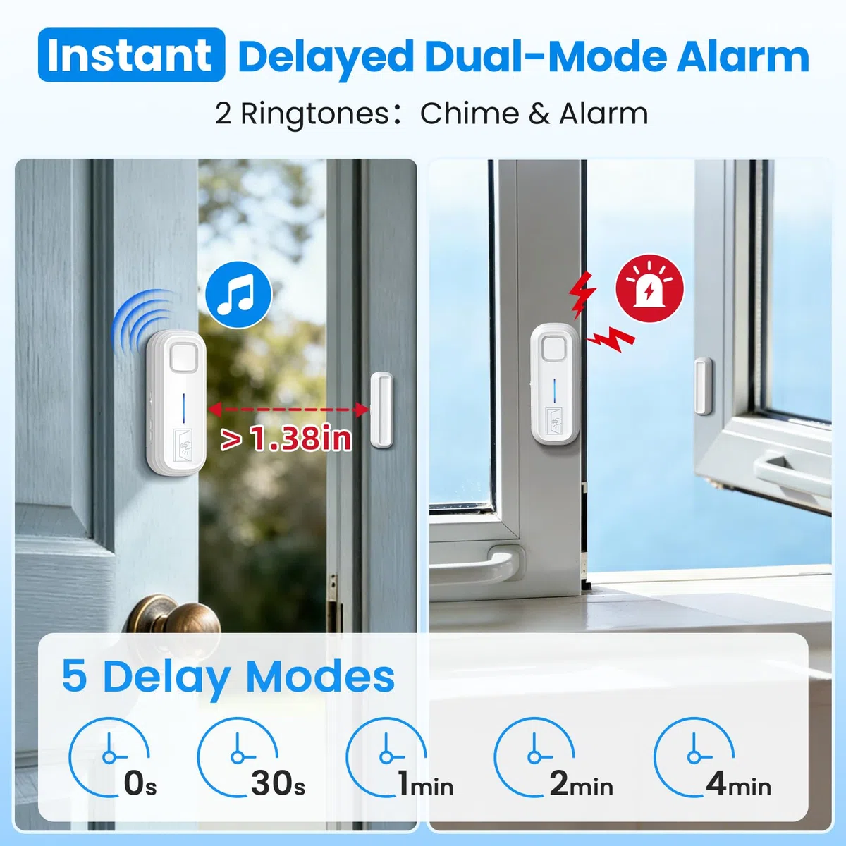 SANJIE Allarmi per porta quando aperto con avvisi istantanei e ritardati 30s/1min/2min/4min, sensore di allarme per porta, allarme 2 in 1 per la sicurezza domestica, allarme frigorifero con avviso di