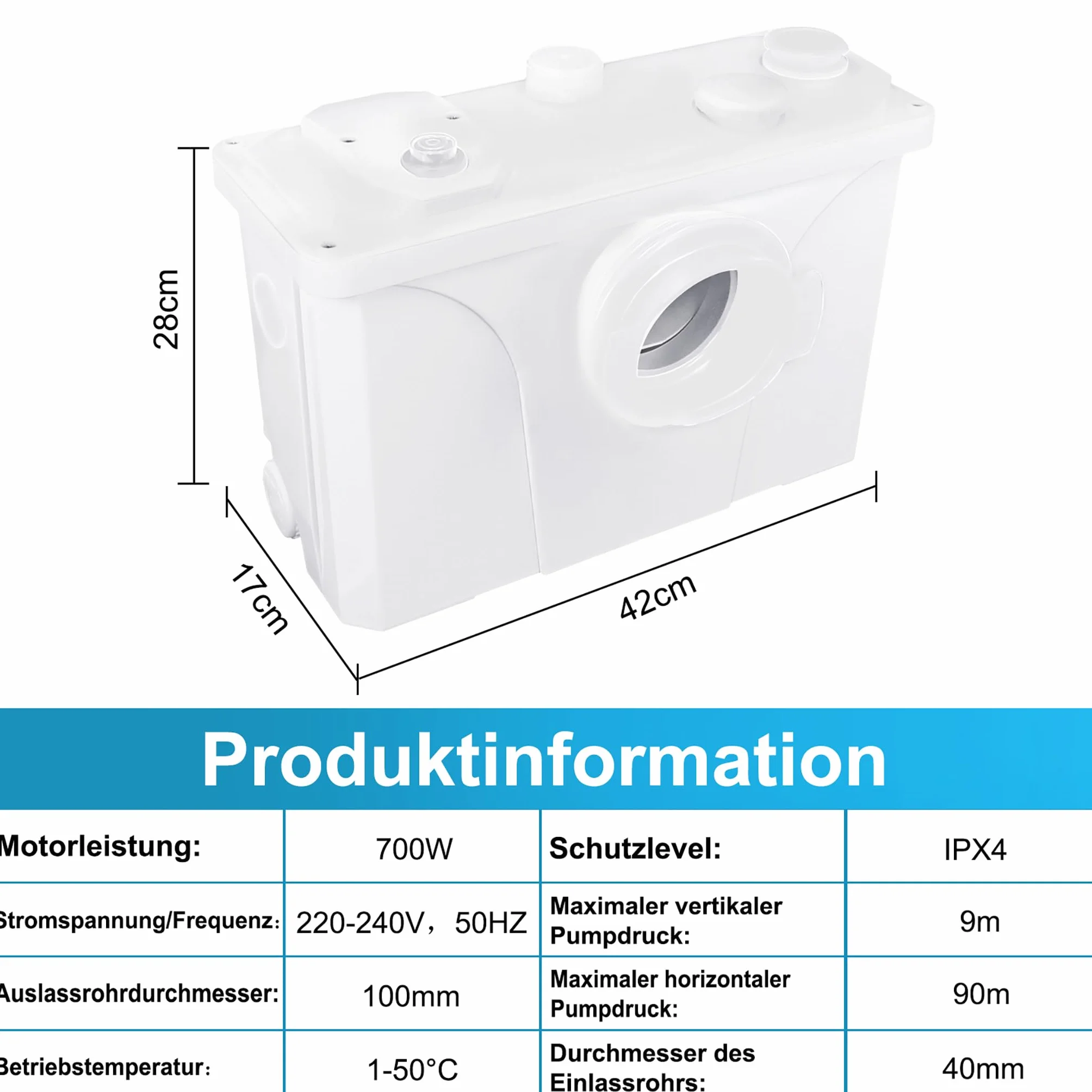 LARS360 Trituratore Maceratore sanitario pompa, 700W, 180 L/min, pompa di fecale con valvola di non ritorno integrata, adatto per cucina, WC