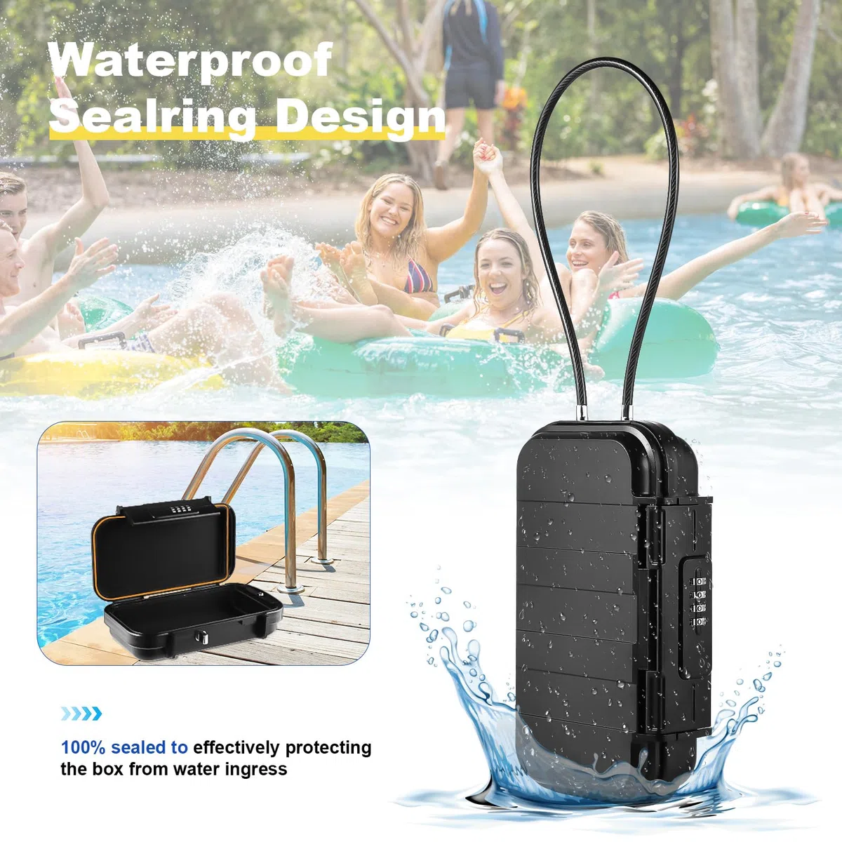 Cassaforte portatile con codice - Impermeabile e antifurto - Cassaforte da viaggio - Con cavo metallico rimovibile - Per la spiaggia, le auto, l'ufficio, le vacanze - Nero