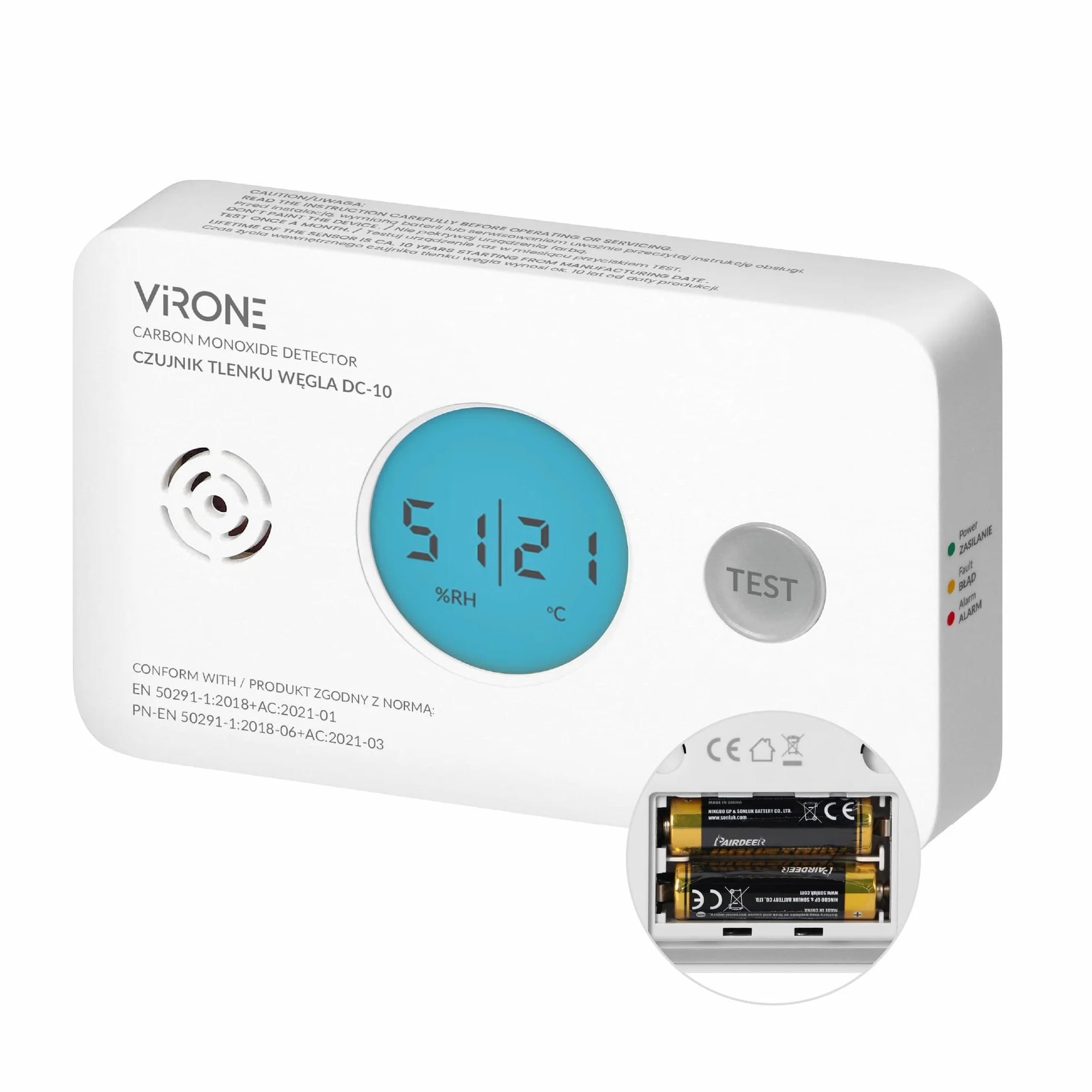 Virone Rilevatore Monossido di Carbonio Display LCD Lettura di Temperatura e Umidità Alimentazione a Batteria Allarme 85dB Durata di 10 Anni Certificazione TÜV IP20