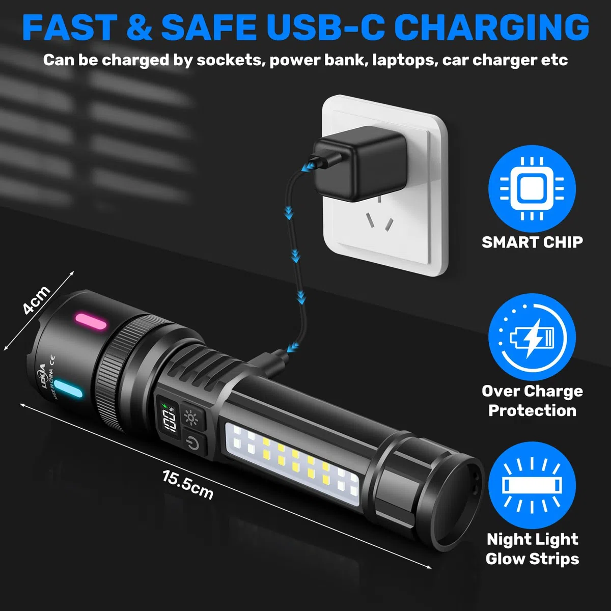 LEKIA Torcia LED Potente Ricaricabile USB-C, 2 Pezzi 100000LM Professionale Torcia LED Tattica Militare Torce, Singola Modalità/7 Modalità Torcia Elettrica Impermeabile Per Campeggio Emergenza