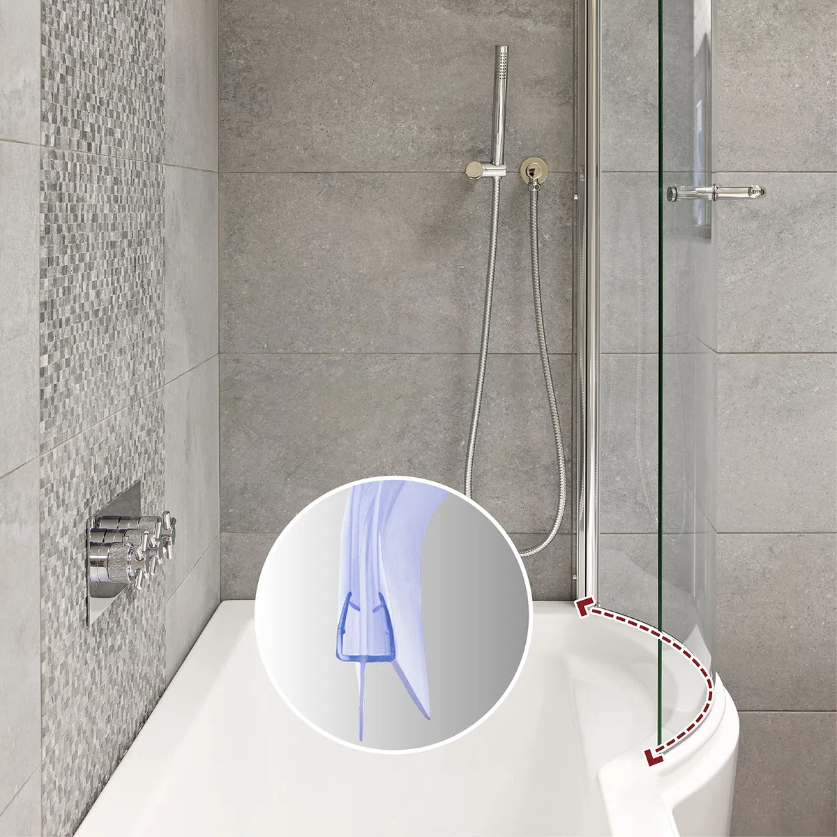 Guarnizione per doccia curva, 2x80 cm, per doccia circolare, per porte della doccia, perfetta conformità, spessore del vetro 6 mm, idrorepellente, protezione da cadute