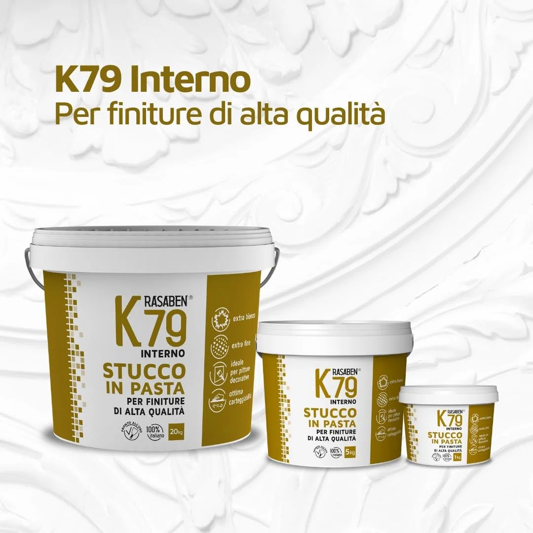 RASABEN - Stucco Bianco in Pasta K79 Pronto all'Uso, Extra Fine per Finiture di Qualità, Ottima Carteggiabilità, Ideale per Pitture Decorative, Uso Interno, Made in Italy, Barattolo da 5kg