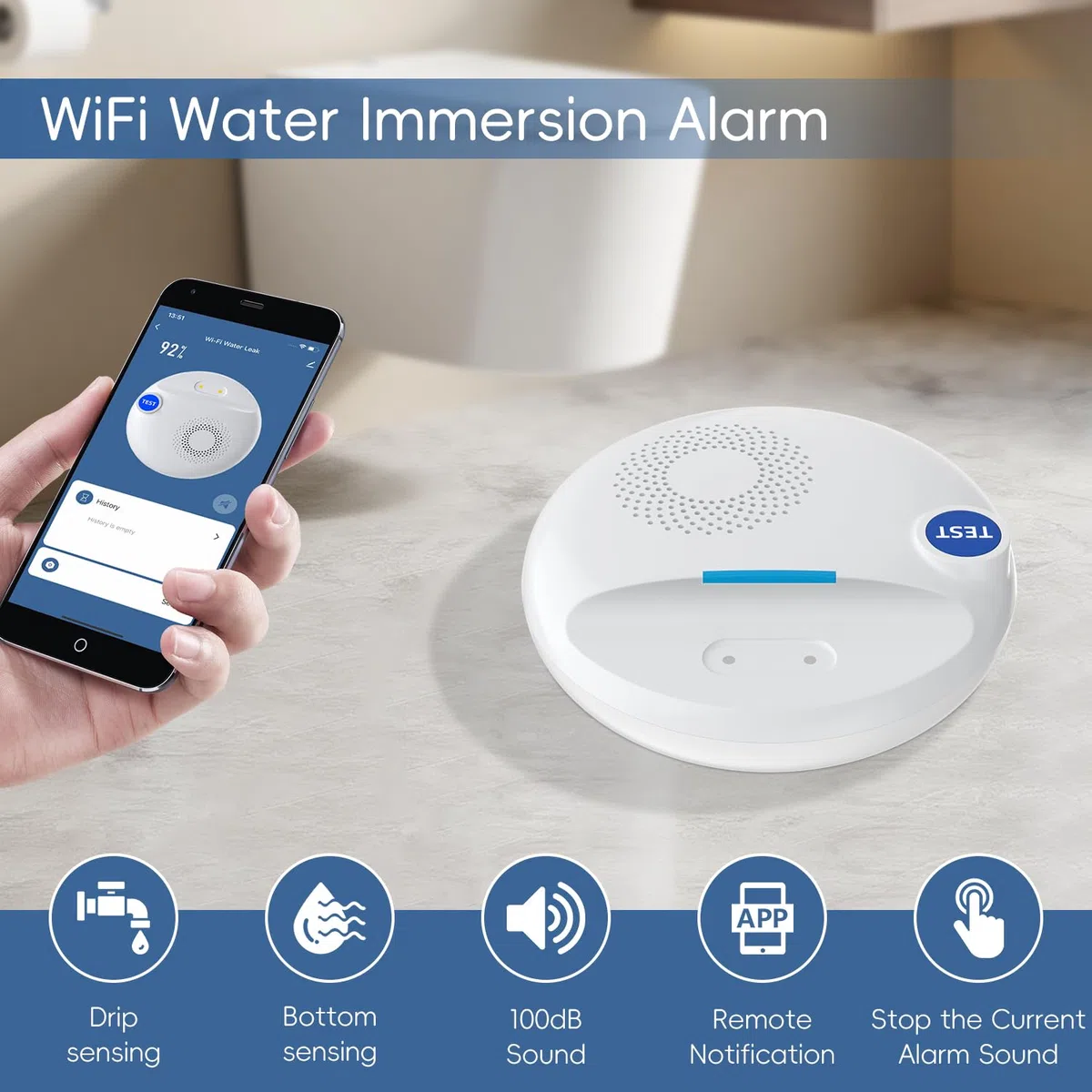 Yasorn Rilevatore di Perdite d'Acqua WiFi, Allarme Acustico da 100 dB e Avvisi in Tempo Reale Tramite App, Sensore Intelligente Impermeabile IP67 per Cucina, Casa, Bagno