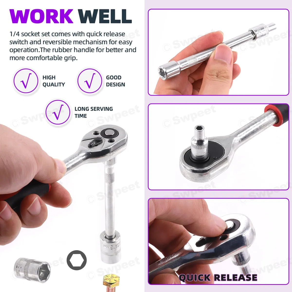 Swpeet Set di 46 chiavi a cricchetto da 1/4" e bussole con custodia, kit assortito, metrico e barra di estensione per riparazione auto e casa