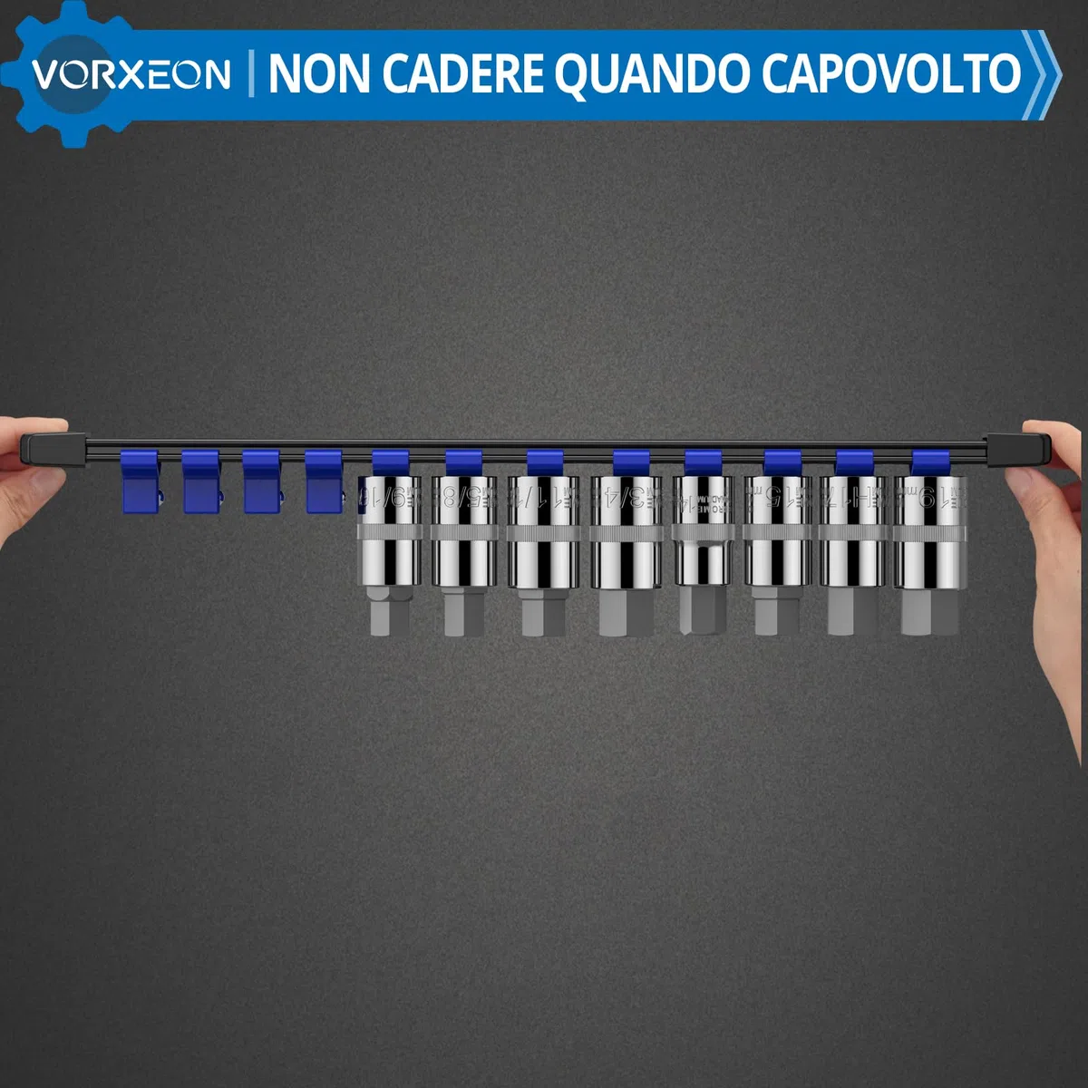 9PCS Kit Organizzatore di Bussole, Supporto Porta Chiavi a Bussola da 1/2pollici, 3/8pollici, 1/4pollici, Supporto per Binario, Storage Incassato, per Miglior Organizer per Attrezzi in Garage