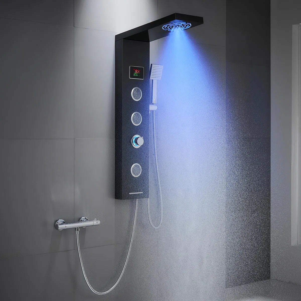Pannello doccia a torre con display a LED della temperatura, sistema doccia nero senza rubinetto, 6 funzioni: doccia a pioggia e nebbia, 2 modalità di getto massaggiante per il corpo, acciaio