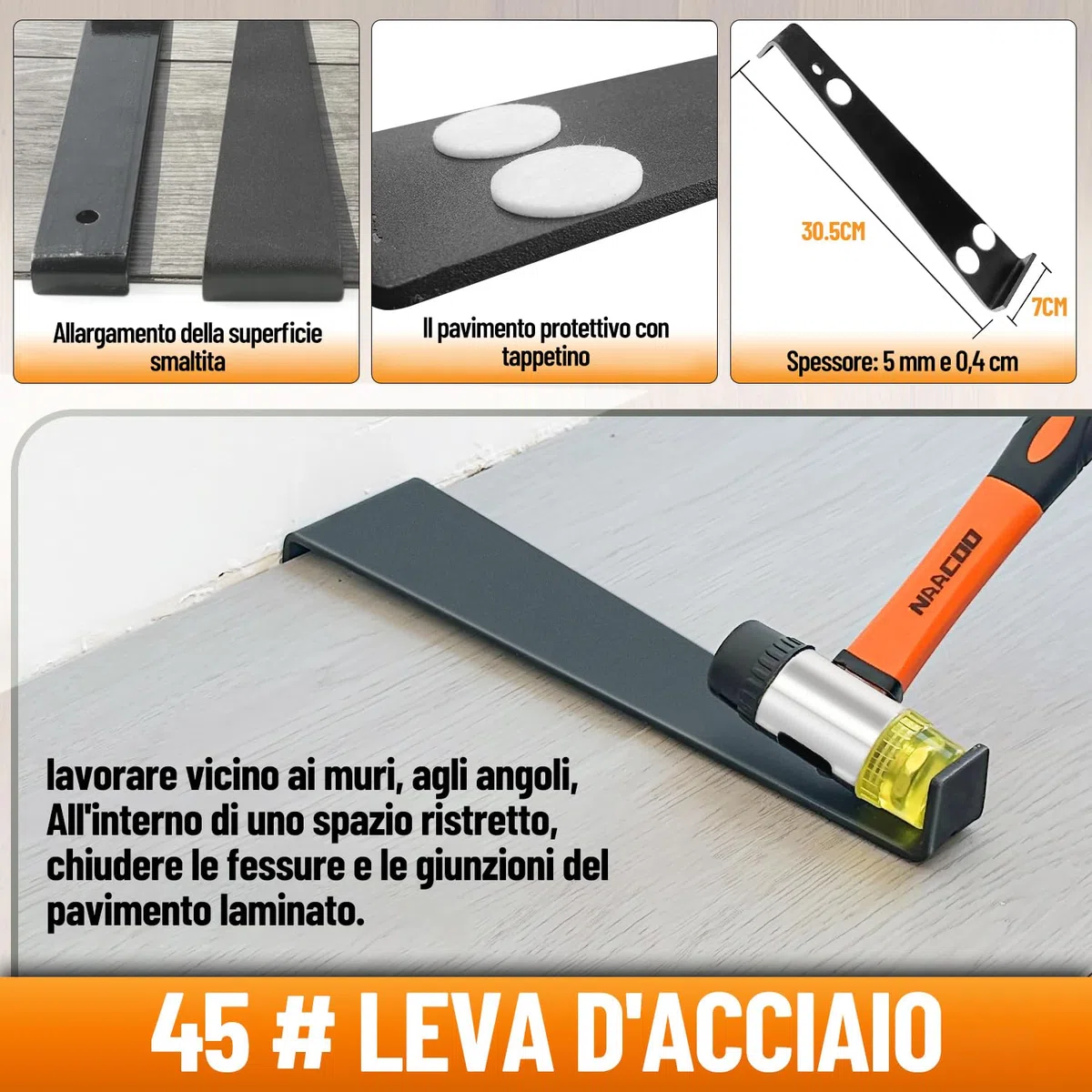 NAACOO Strumenti laminati/piastre di vinile, pavimenti in legno vinile colpito con blocchi - doppio lato con scanalature, tiranti, 40 guarnizioni per pavimento, martello di gomma.Kit di installazion.