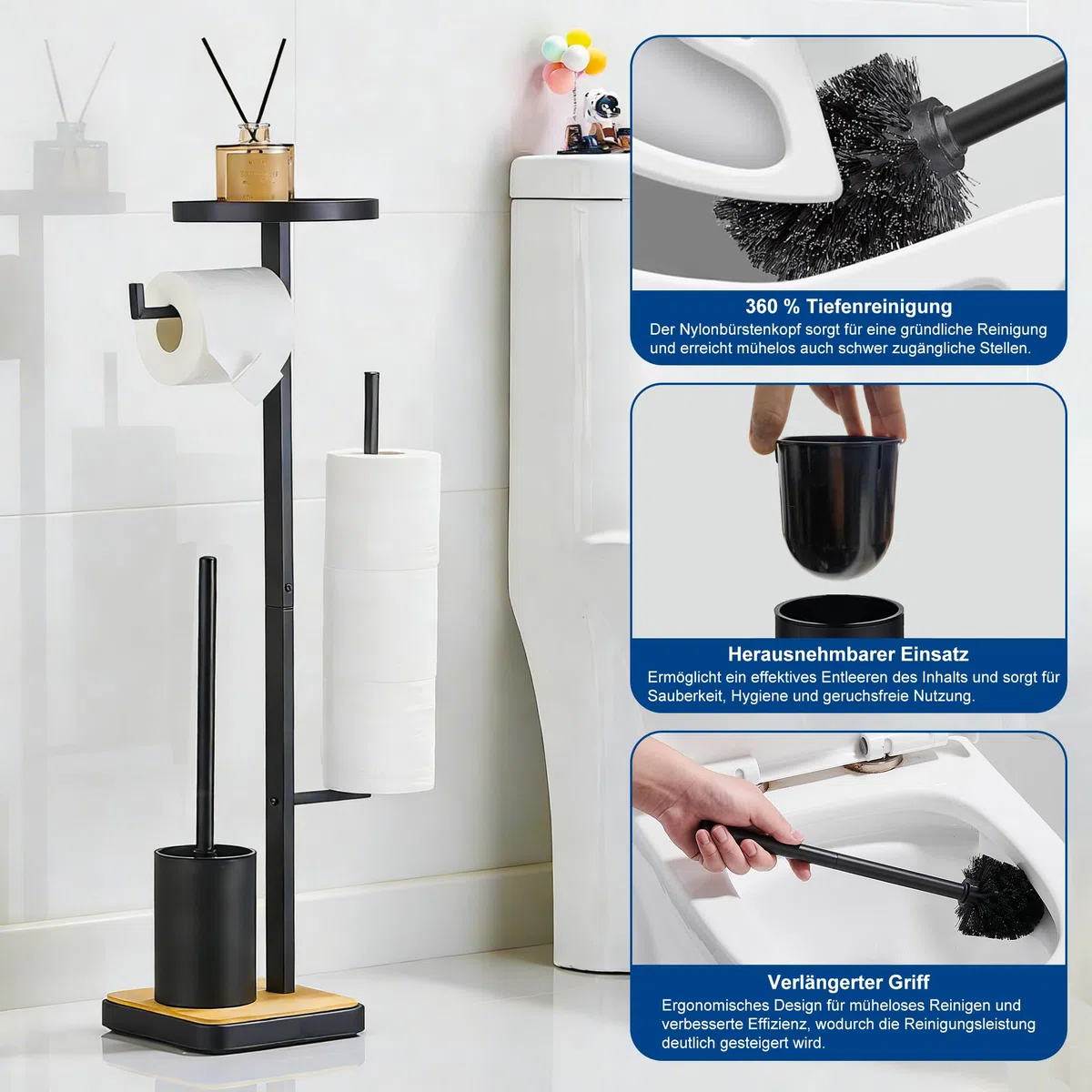 Scopino Bagno WC con Porta Carta Igienica da Terra Piantana Portarotolo e Scopino Per 4 Rotoli Scorta, Legno Nero, Circolare