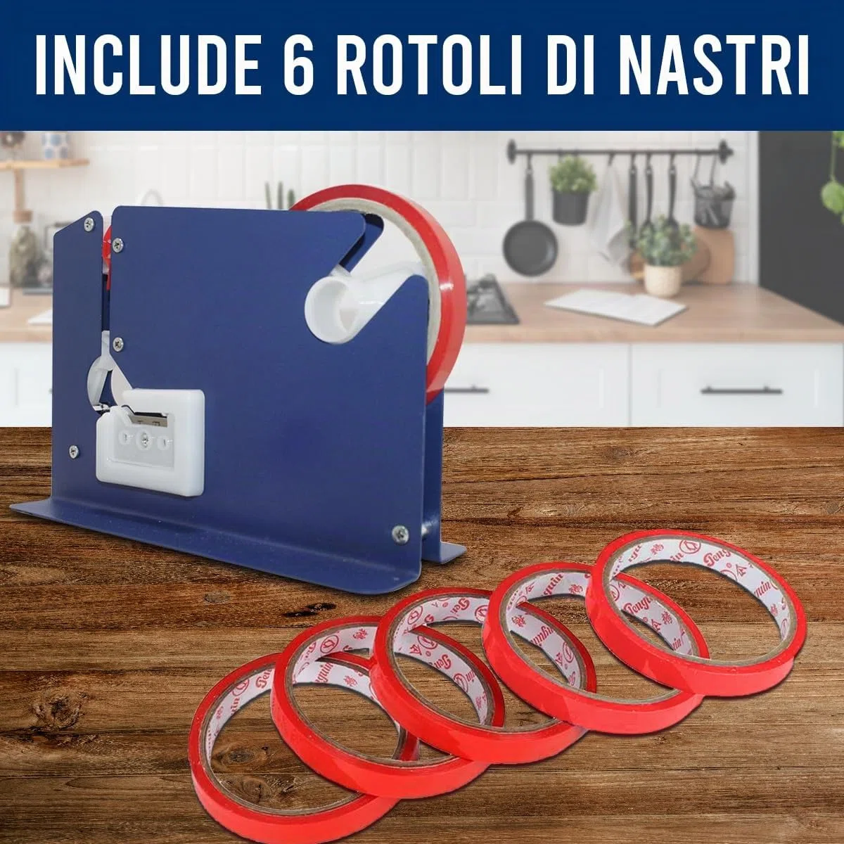 Sigillante a Nastro Adesivo per Sacchetto di Plastica, Nastro Sigilla Sacchetti, Nastro Extra da 6 Rotoli (Blu)
