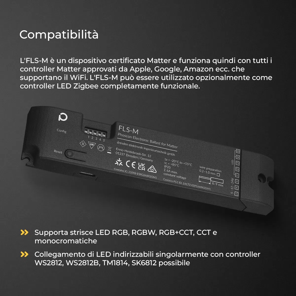FLS-M - Controller Matter Zigbee per Strisce LED a 5 Canali e Indirizzabili Individualmente, RGBW, RGB+CCT, Monocolore, WS2812B