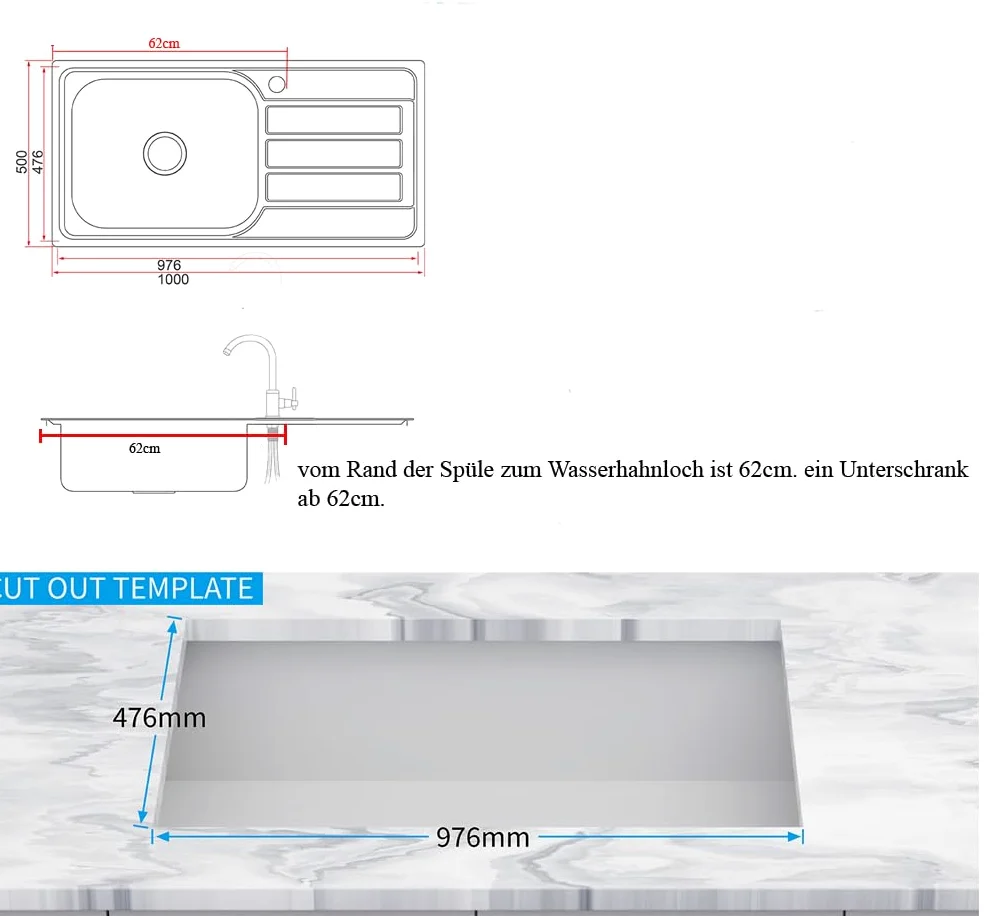 Lavello da cucina, 100 x 50 cm, in acciaio inox 304, spessore del materiale: 0,8 mm, vasca XXL 50 x 40 cm, lavello da incasso, rettangolare, 1 vasca, sgocciolatoio, (sgocciolatoio a sinistra