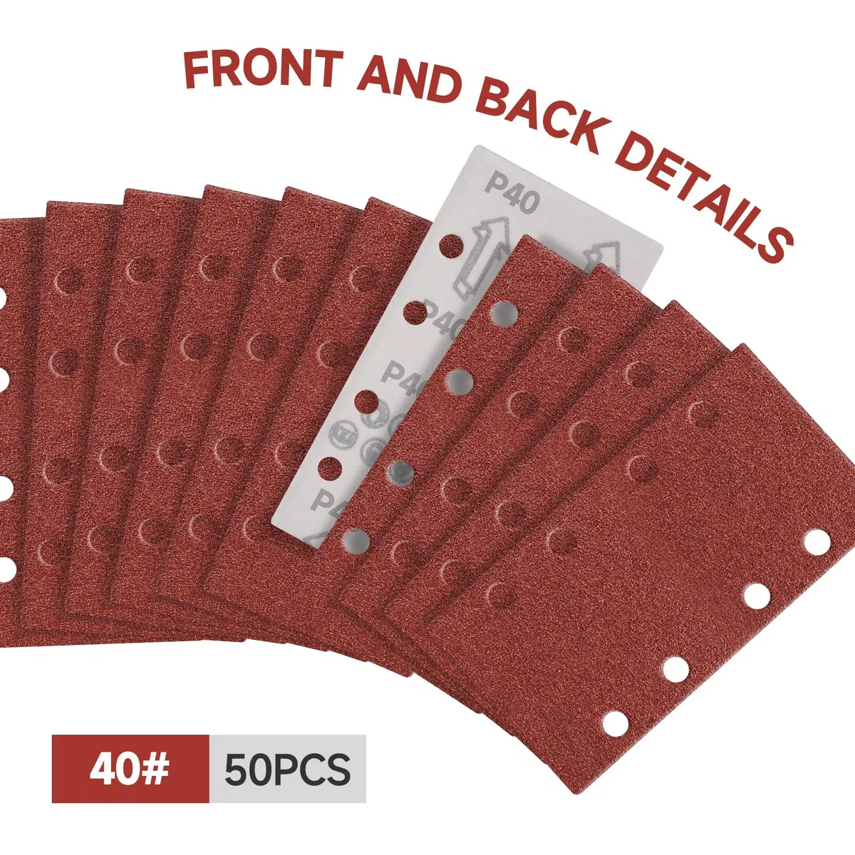 50 Pezzi Carta Abrasiva, 93x185mm Fogli Levigatrice 40 Grana Sandpaper 8 Fori Carta Vetrata Rettangolari per Levigatrice Orbitali Casuali