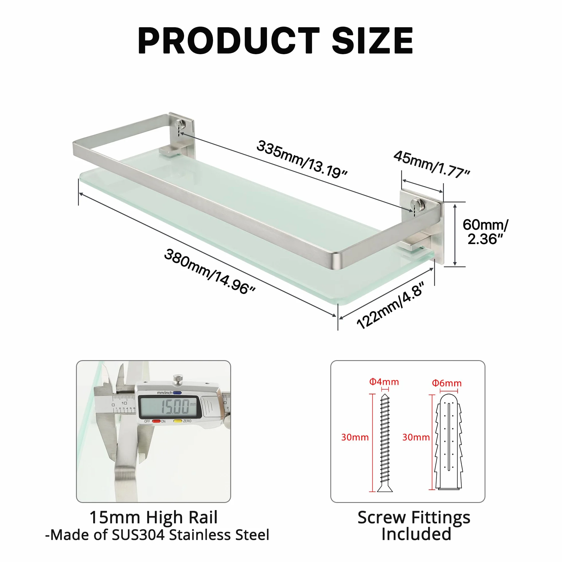 SAYAYO Mensola Doccia Vetro Mensole Bagno Vetro da Parete, in Acciaio Inox 304, Vetro Temperato Spesso con Supporto Argento 38CM, per Cucina Bagno, EGDL1001-LS
