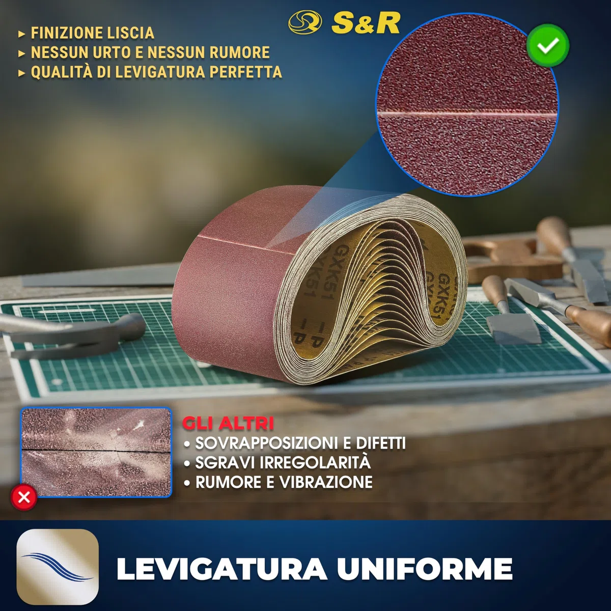 S&R Nastro Abrasivo 75 x 533 mm per Levigatrice a Nastro. Set di 18 Nastri Abrasivi; 3 per ogni Grana P60, P80, P120, P150, P240, P400.