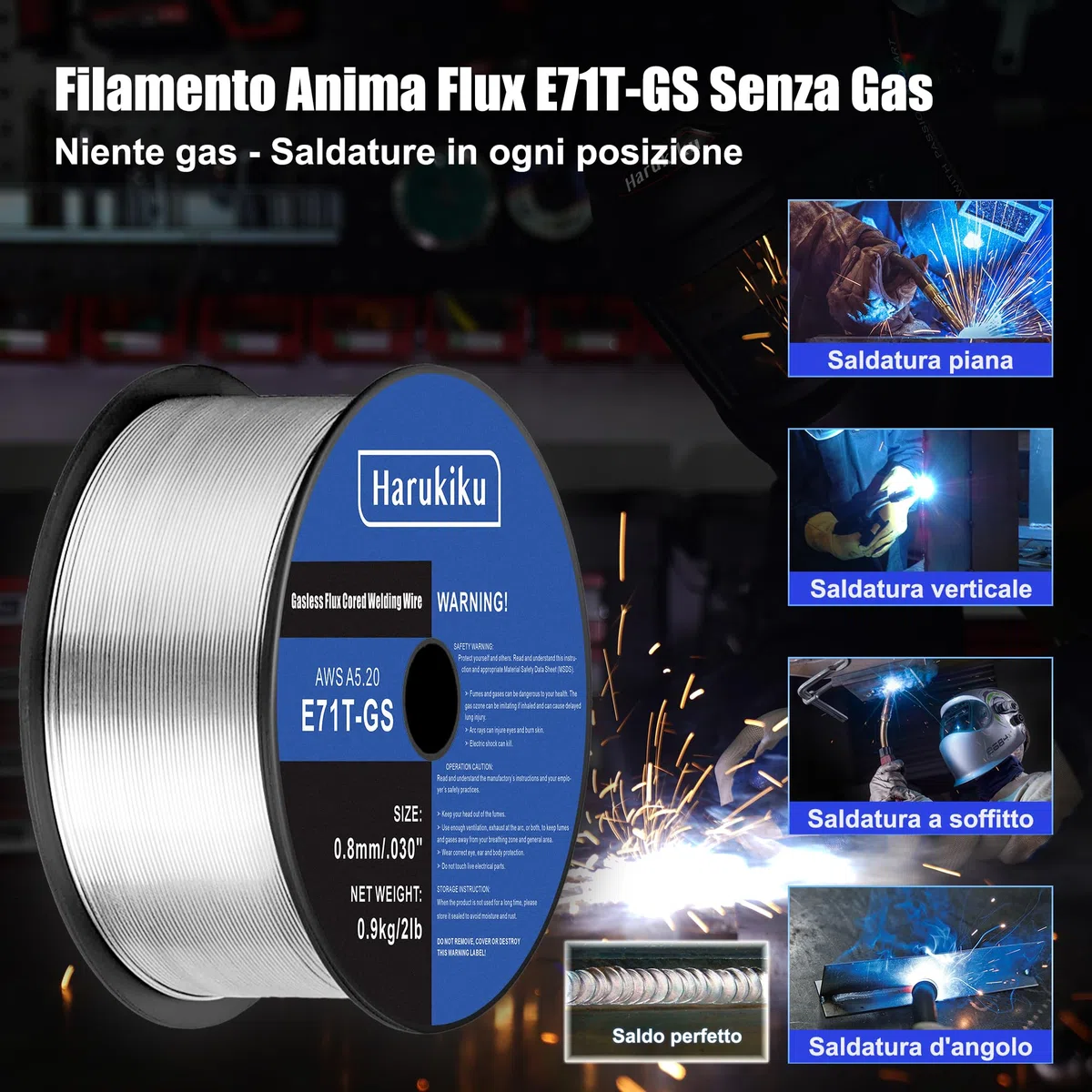 Filo Animato No Gas 0,8mm Peso netto: 0,9 kg - Doppia Bobina E71T-GS per Saldatrice MIG, Kit Saldatura Semiautomatica (2 Confezionee)
