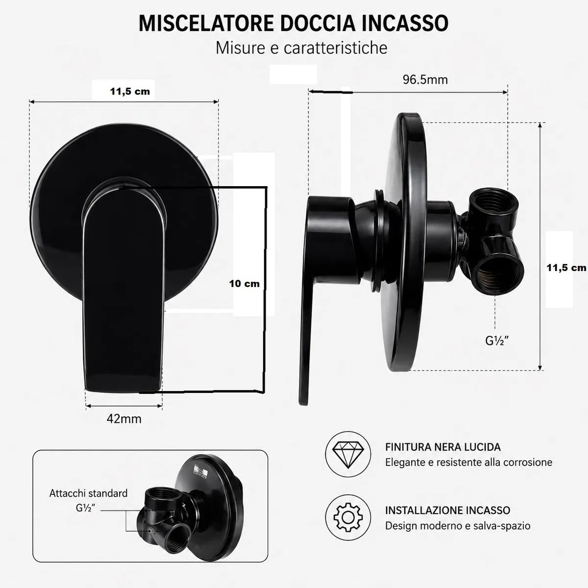 Topolenashop Miscelatore Doccia Incasso Nero Opaco – Rubinetto Doccia Monocomando a Parete in Ottone con Piastra Rotonda, con Regolazione Temperatura e Flusso | 94011