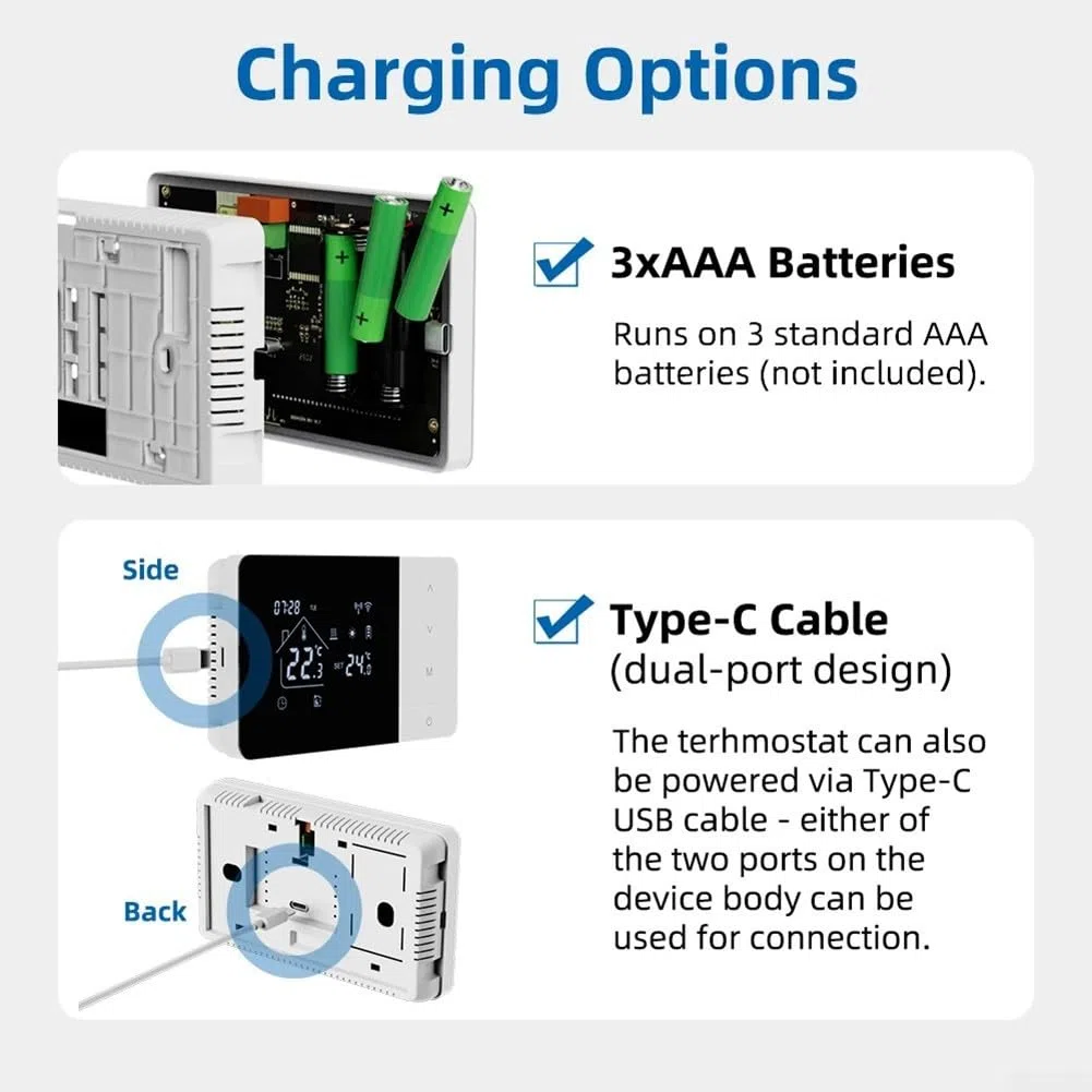 Termostato intelligente per app Tuya, batteria, cavo USB, WiFi, per caldaie a gas, termostato programmabile, regolatore di temperatura, compatibile con Alexa per controllo vocale