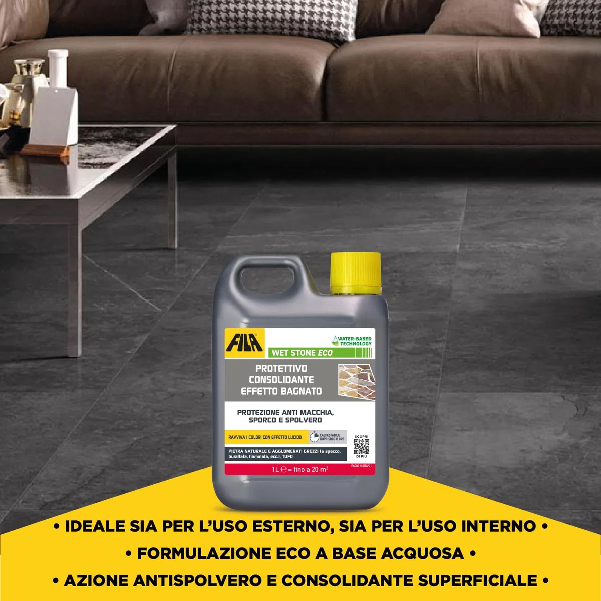 FILA Surface Care Solutions, WET STONE ECO, Protettivo Pietra Naturale Tonalizzante ad Effetto Bagnato, Idrorepellente per Pietra, Antimacchia e Antisporco, Adatto al Pavimento Esterno ed Interno, 1L