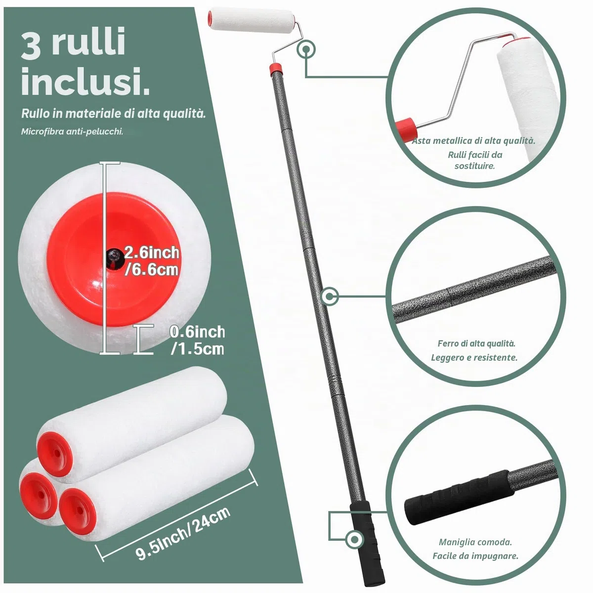 Rullo Lungo Estensibile per Pittura 223cm, Rulli Lunghi in Spugna per Dipingere, Set di Rulli da Pittura Lucida per Decorare Pareti e Soffitti, Set di Rulli da Pittura con Asta Estensibile