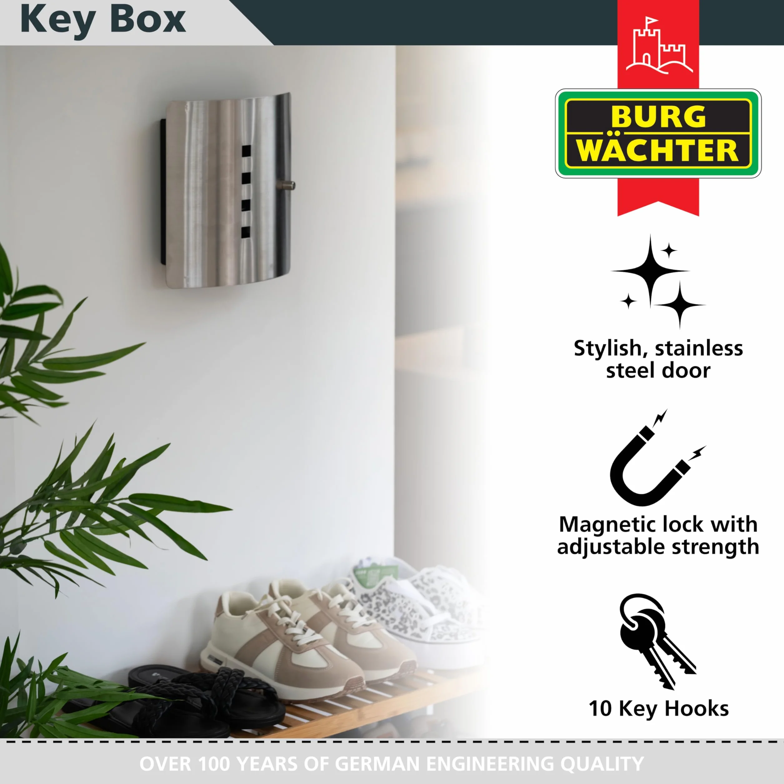 BURG-WÄCHTER Cassetta portachiavi con 10 ganci e chiusura magnetica, Armadietto per chiavi Quad 6204/10 Ni, Acciaio inox/lamiera d’acciaio, Argento/nero