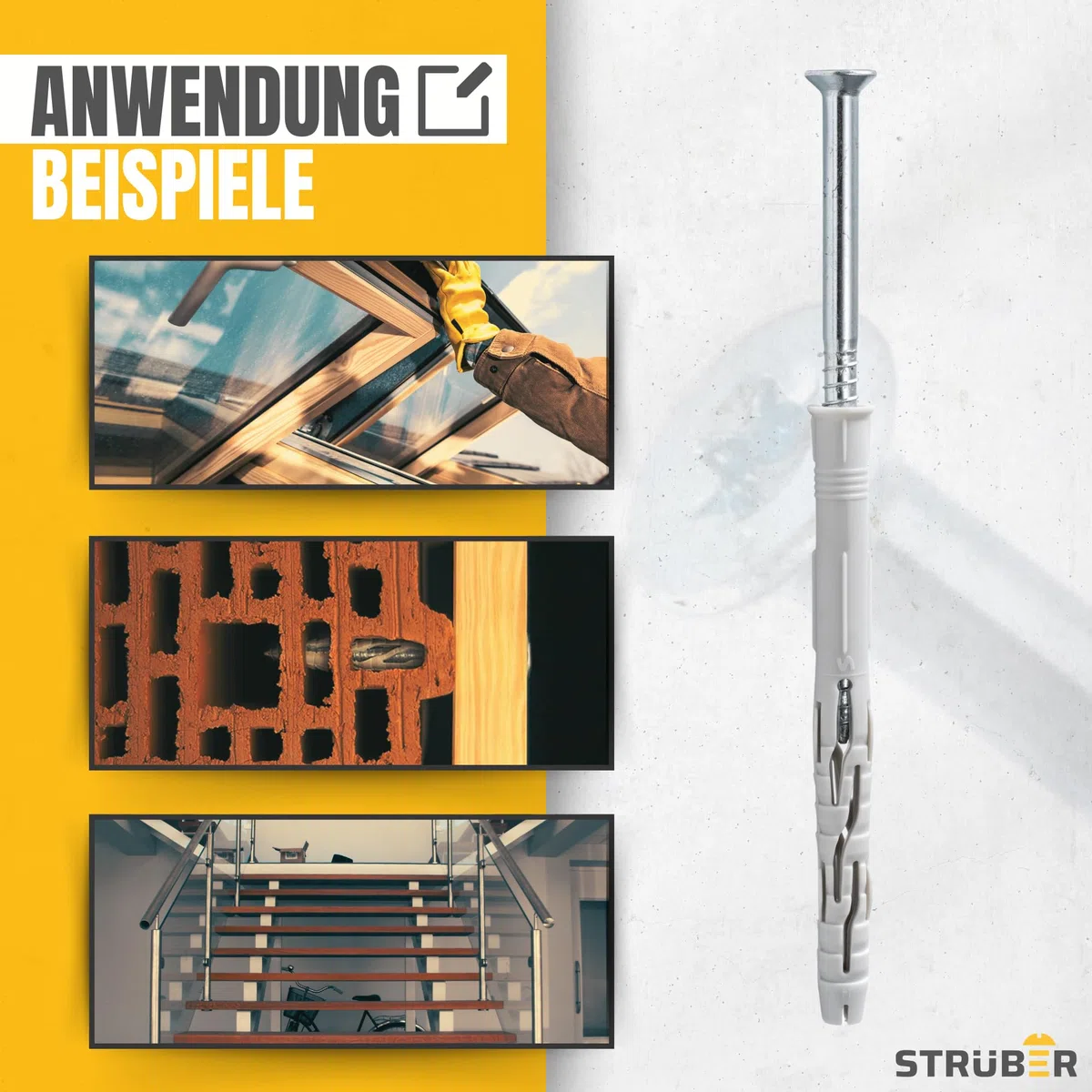 STRÜBER Tasselli per telaio con vite Torx a testa svasata (8x80 mm / 100 pezzi) - Fissaggio in nylon per telai di finestre e porte - Certificazione ETA