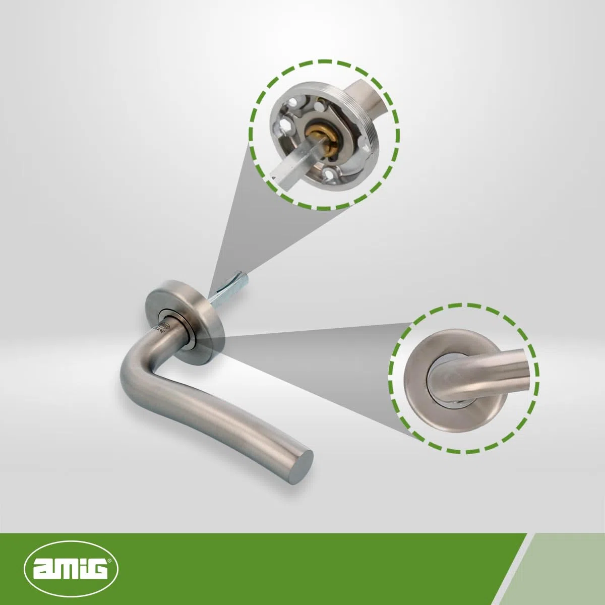 Amig - Maniglia con Rosetta 19ED con Interno in Ottone - Acciaio Inossidabile - Misura: 53mm - Quadrettino di 8 mm - Opaco