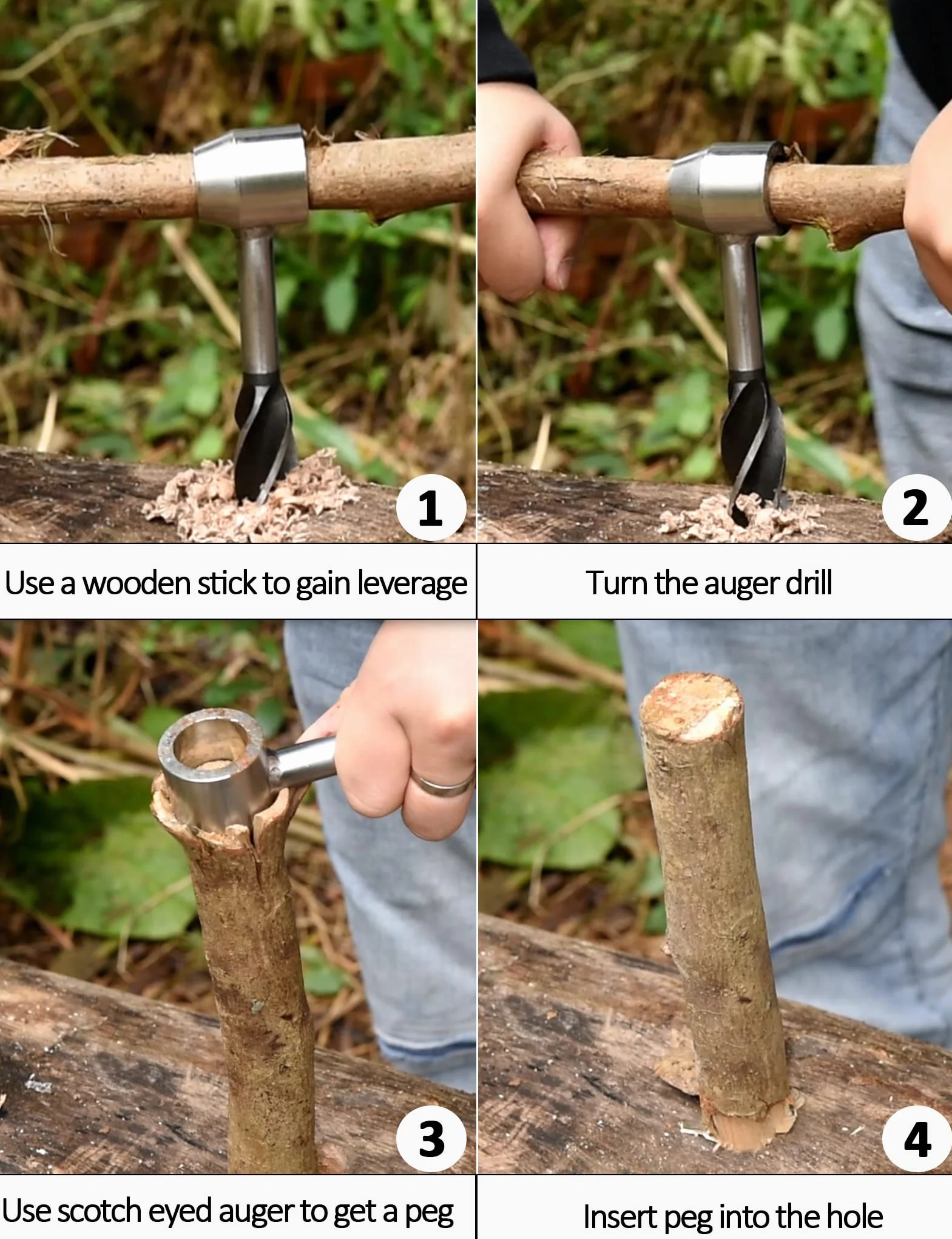 Strumento di sopravvivenza per coloni Bushcraft, picchetto per trapano in legno con occhio di scotch e creatore di fori per la mano per campeggio, esterni, Bushcrafting