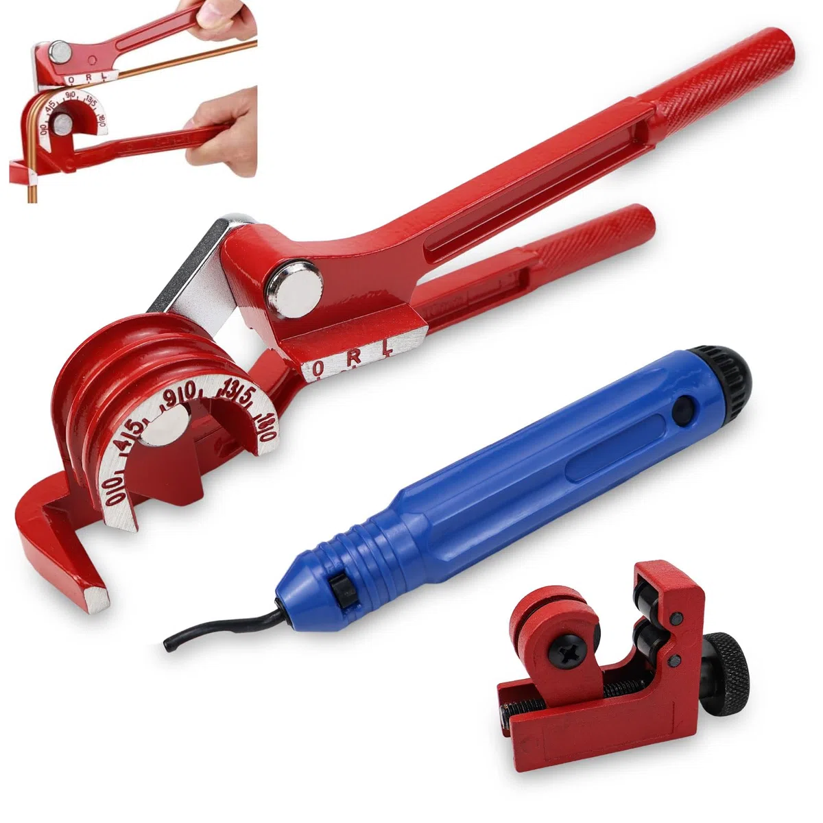 Curvatubi 3 in 1, 6 – 8 – 10 mm, 0 – 180 gradi, con tagliatubi e set di utensili per sbavatura (A)