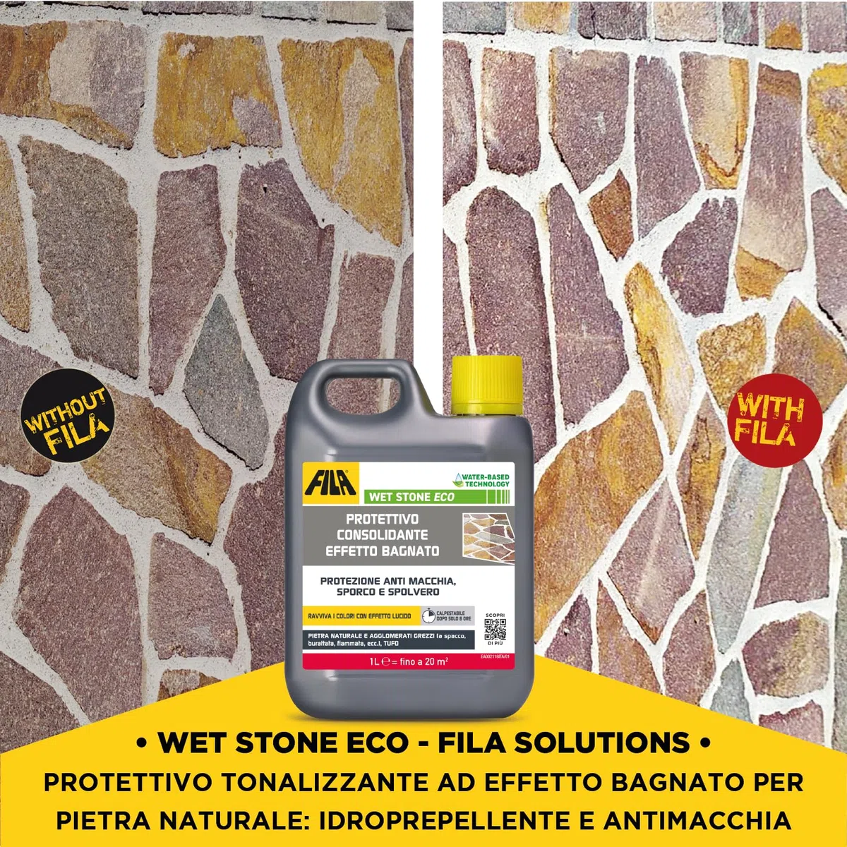 FILA Surface Care Solutions, WET STONE ECO, Protettivo Pietra Naturale Tonalizzante ad Effetto Bagnato, Idrorepellente per Pietra, Antimacchia e Antisporco, Adatto al Pavimento Esterno ed Interno, 1L